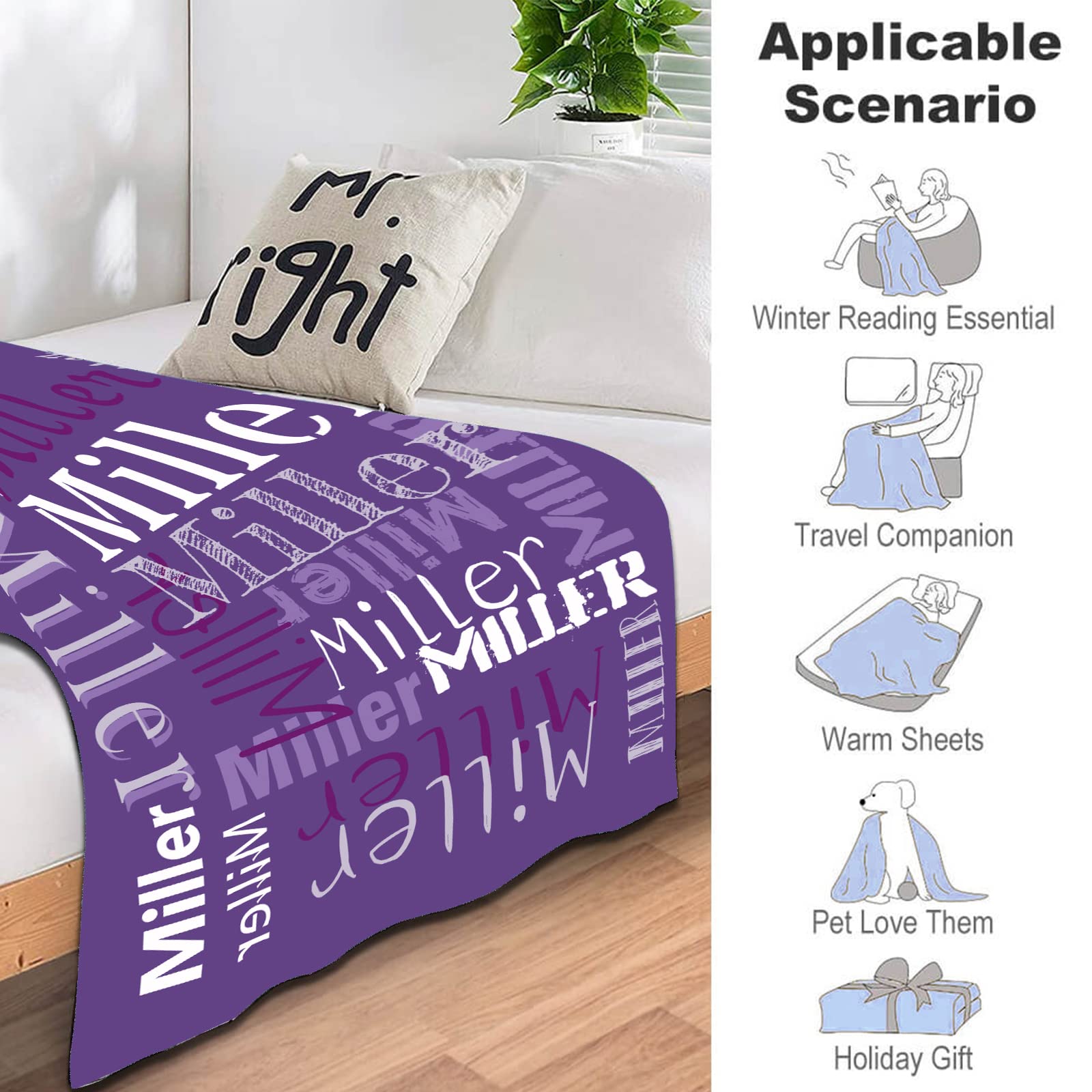 Personalized Flannel Throw Blanket 30x40 Inches - Custom Name Text Blanket for Adults & Kids, Soft Cozy Gift for Birthday, Valentine's Day - Purple - Perfect for Couch, Bed & Home Decor