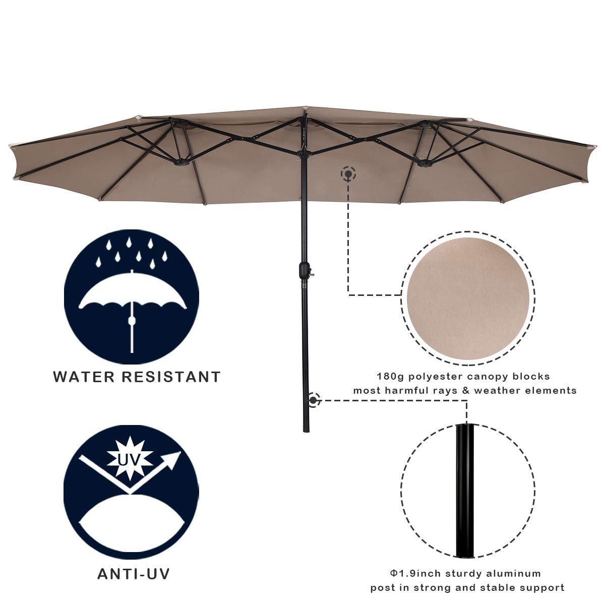 Tangkula 15 Ft Double-Sided Outdoor Patio Umbrella with Easy Crank Handle - Beige Market Table Umbrella for Backyard, Poolside, and Restaurant Outdoor Dining