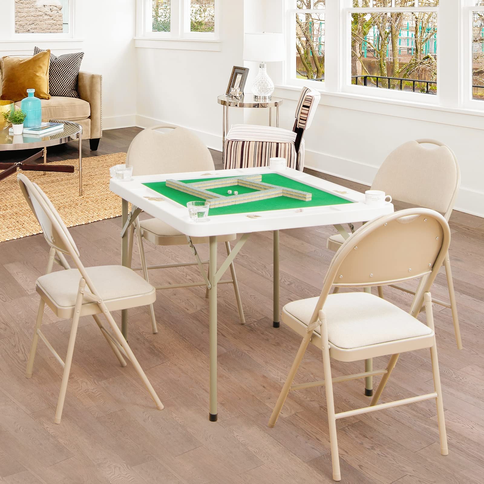 GYMAX Folding 4-Player Mahjong Table with Cup Holders & Chip Trays - Portable Square Card Game Table for Poker, Blackjack, Dominoes - Perfect for Game Nights, Parties & Family Gatherings