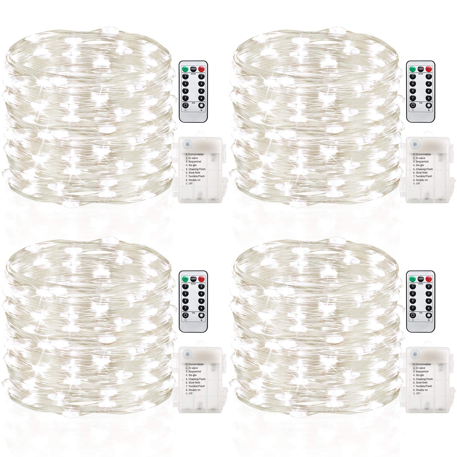 GDEALER 50 LED Fairy Lights - 4 Pack 16.4ft Battery Operated String Lights with Remote & Timer, Waterproof Copper Wire for Indoor Outdoor Decor - Perfect for Bedroom, Wedding, Party, Garden, Christmas Tree, Dorm Room (Cool White)