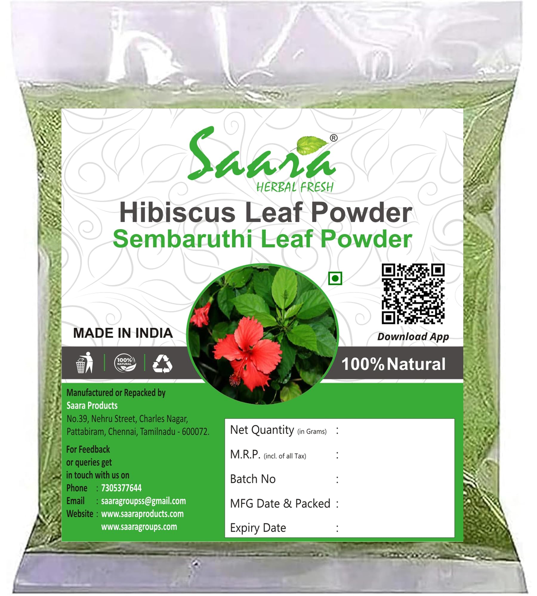 Organic Hibiscus Leaf Powder 750g (7x100g + 1x50g) - Pure Sembaruthi, Jasus, Gudhal, Dasanamu, Chembarathi Leaf Powder for Hair Care, Skin Care & Herbal Tea - Natural Beauty & Wellness Solution