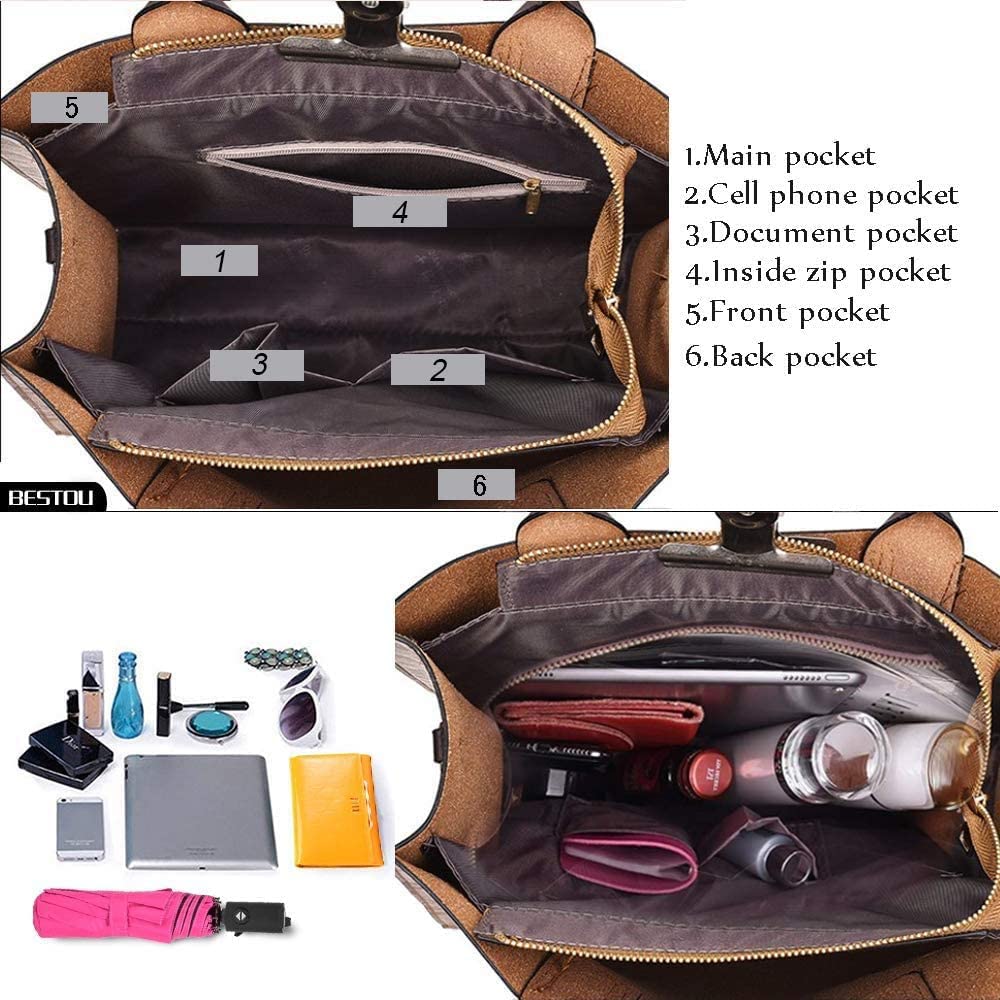 BestoU Women's Leather Handbag Set - 3pcs Large Tote, Messenger & Crossbody Bags in Brown | Premium Ladies Purses for Work, Travel & Everyday Use