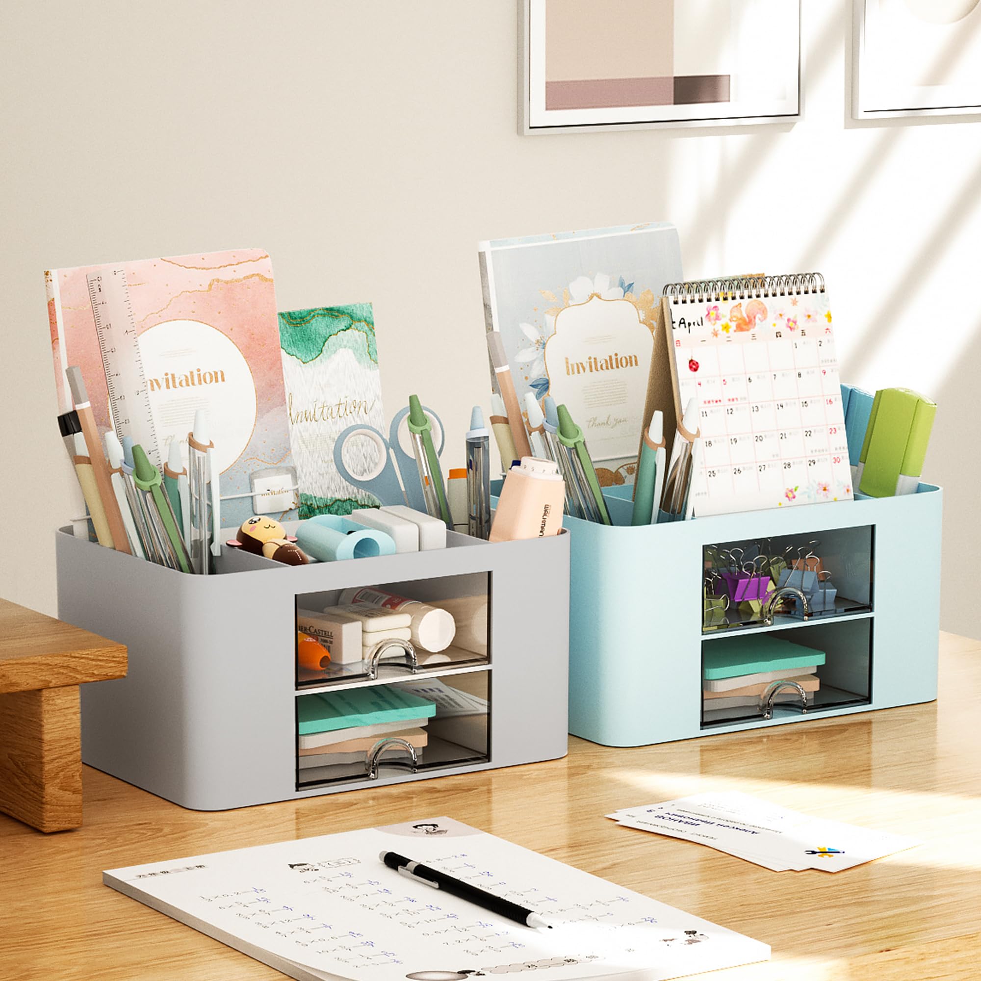 Premium Marbrasse Pen Organizer with 2 Drawers - Multi-Functional Desk Pencil Holder & Office Supplies Organizer - 5 Compartments + Storage Drawers for Pens, Markers, Art Tools - Perfect for Home Office, School & Craft Room (Grey)