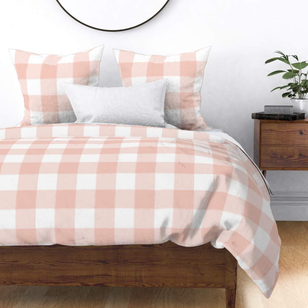 Custom Spoonflower Cotton Sateen Duvet Cover - Twin Size Blush Pink Buffalo Check Gingham Watercolor Design for Nursery, Girls Room & Home Decor | Soft Plaid Print Bedding Set for Baby & Kids