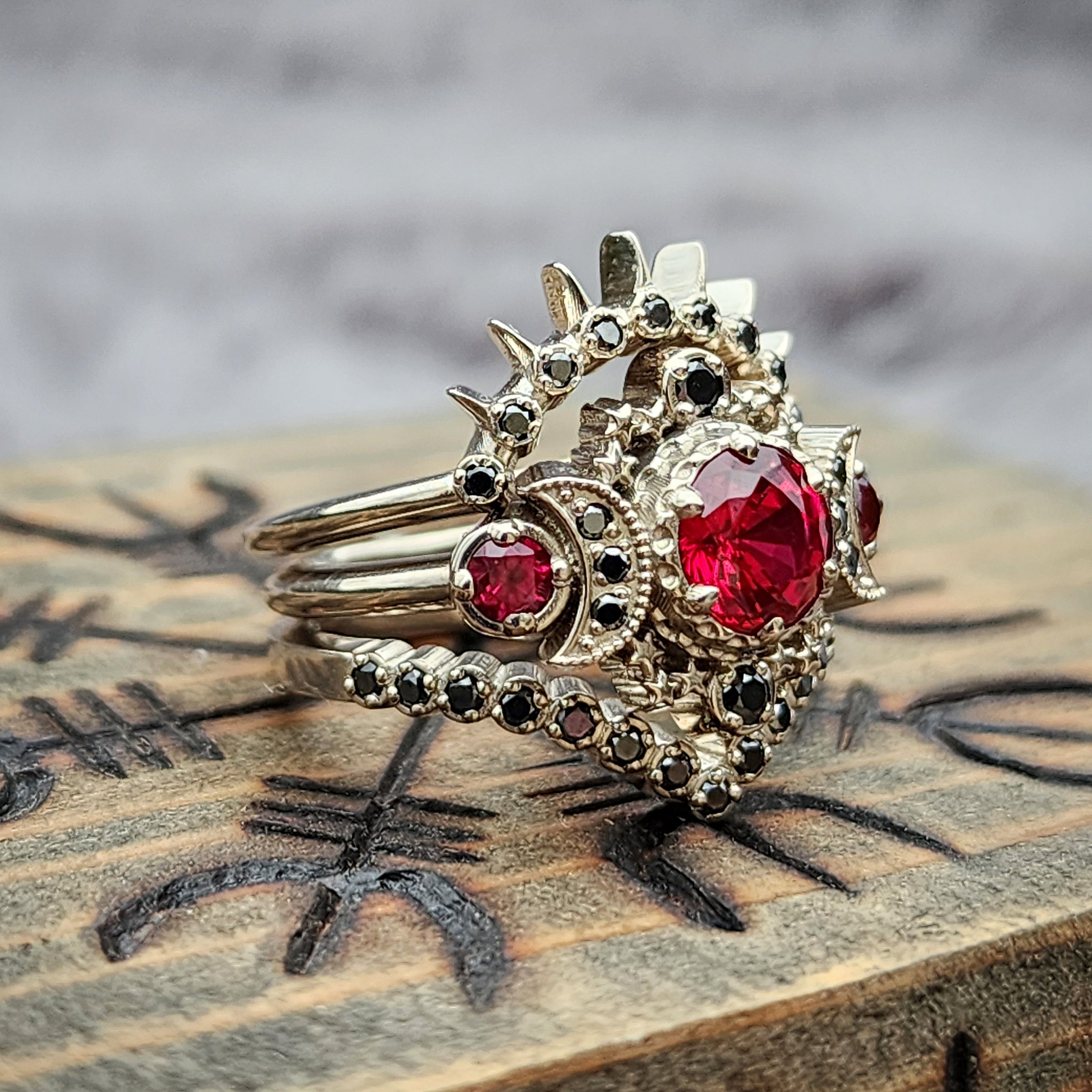 Blood Moon Black Diamond & Ruby Cosmos White Gold Engagement Ring Set | Gothic Pagan Wedding Rings | Handmade Fine Jewelry for Alternative Brides & Dark Romance Lovers