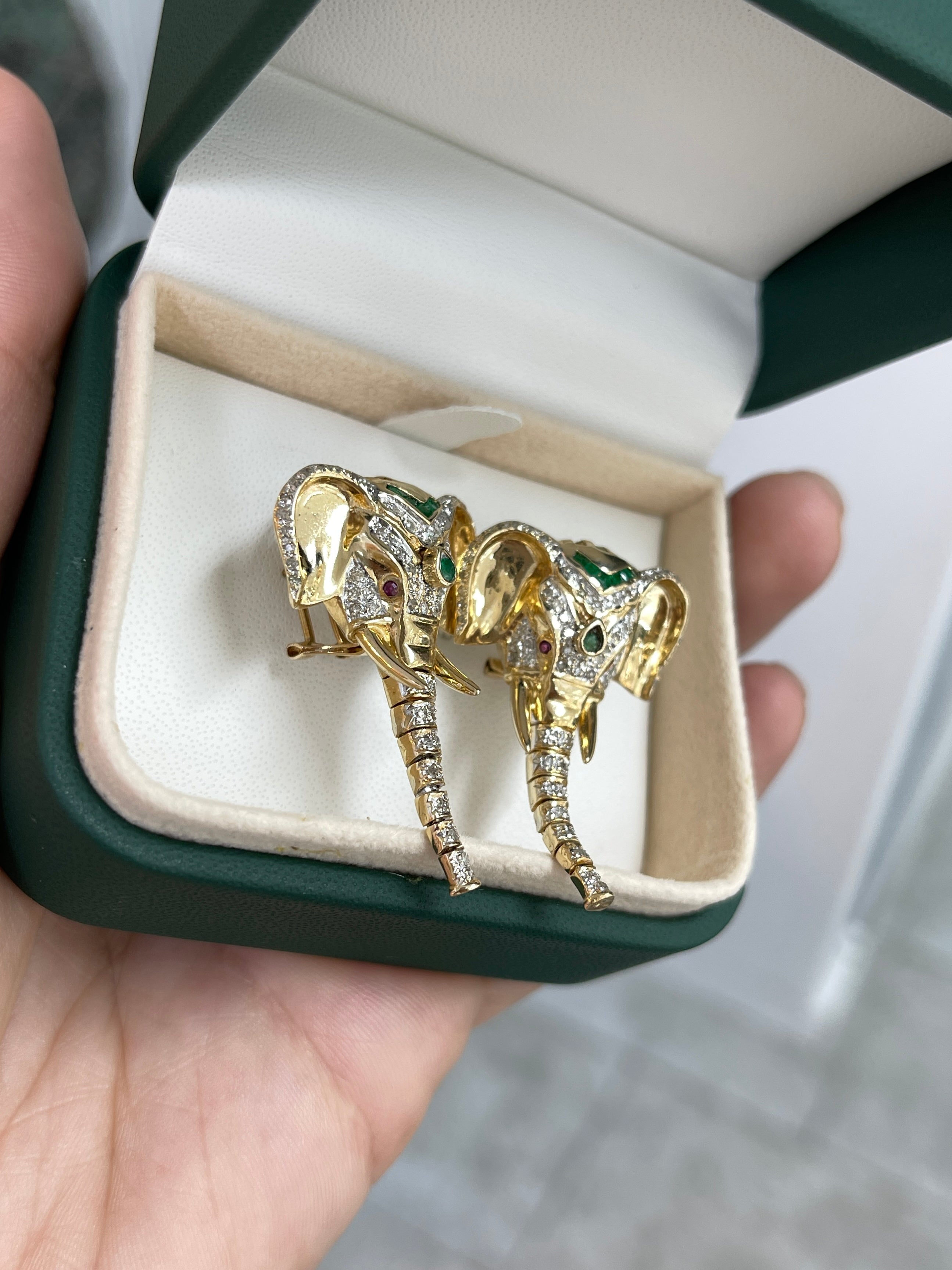 0.91tcw 14K Gold Elephant Earrings with Diamonds, Rubies & Emeralds - Moving Trunk Design for Women | Perfect Gift for Birthday, Anniversary & Special Occasions