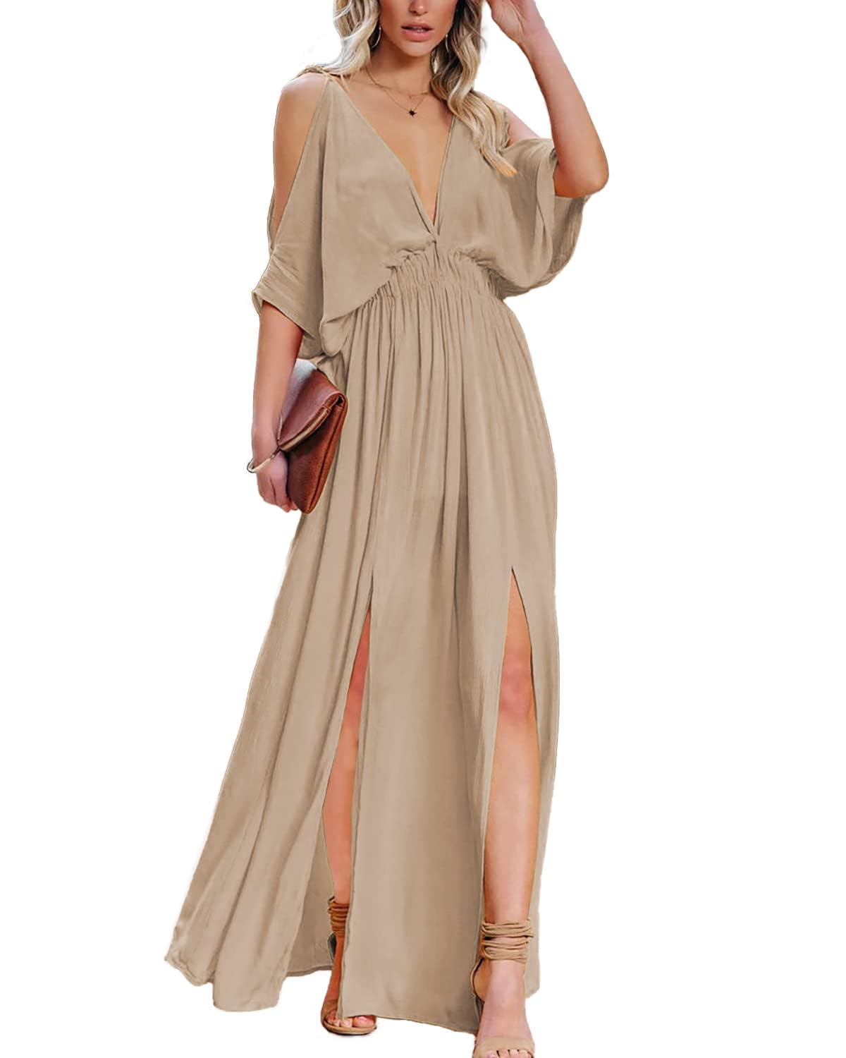 DEEP SELF Women's Summer V-Neck Cold Shoulder Short Sleeve Maxi Dress - High Waist Split Long Dress for Wedding Guest, Beach Party & Date Night