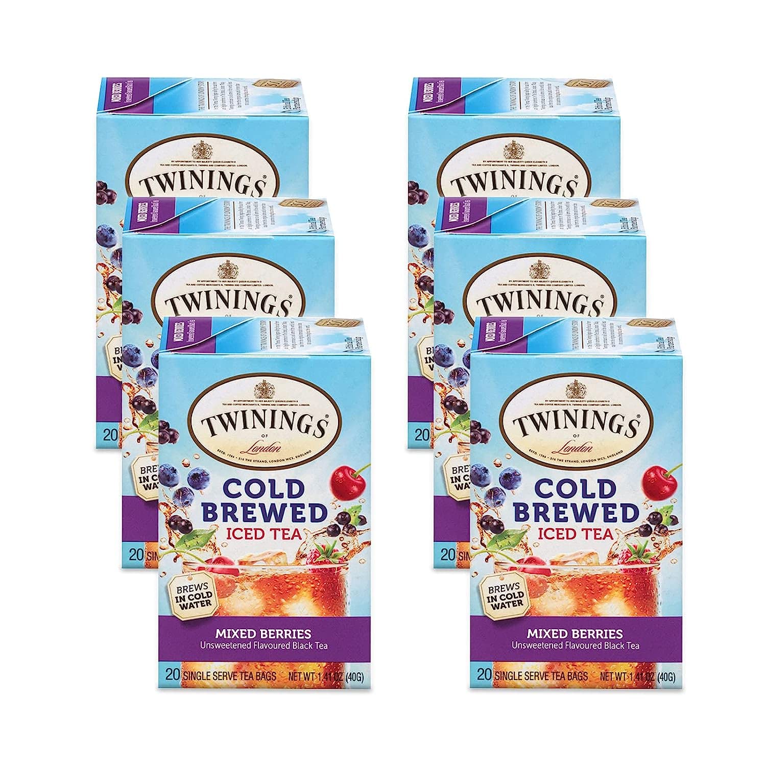 Twinings Mixed Berries Cold Brew Iced Tea Bags - Unsweetened Flavored Black Tea with Caffeine, 20 Count (Pack of 6) | Refreshing Summer Drink for Picnics, Office & Home Relaxation