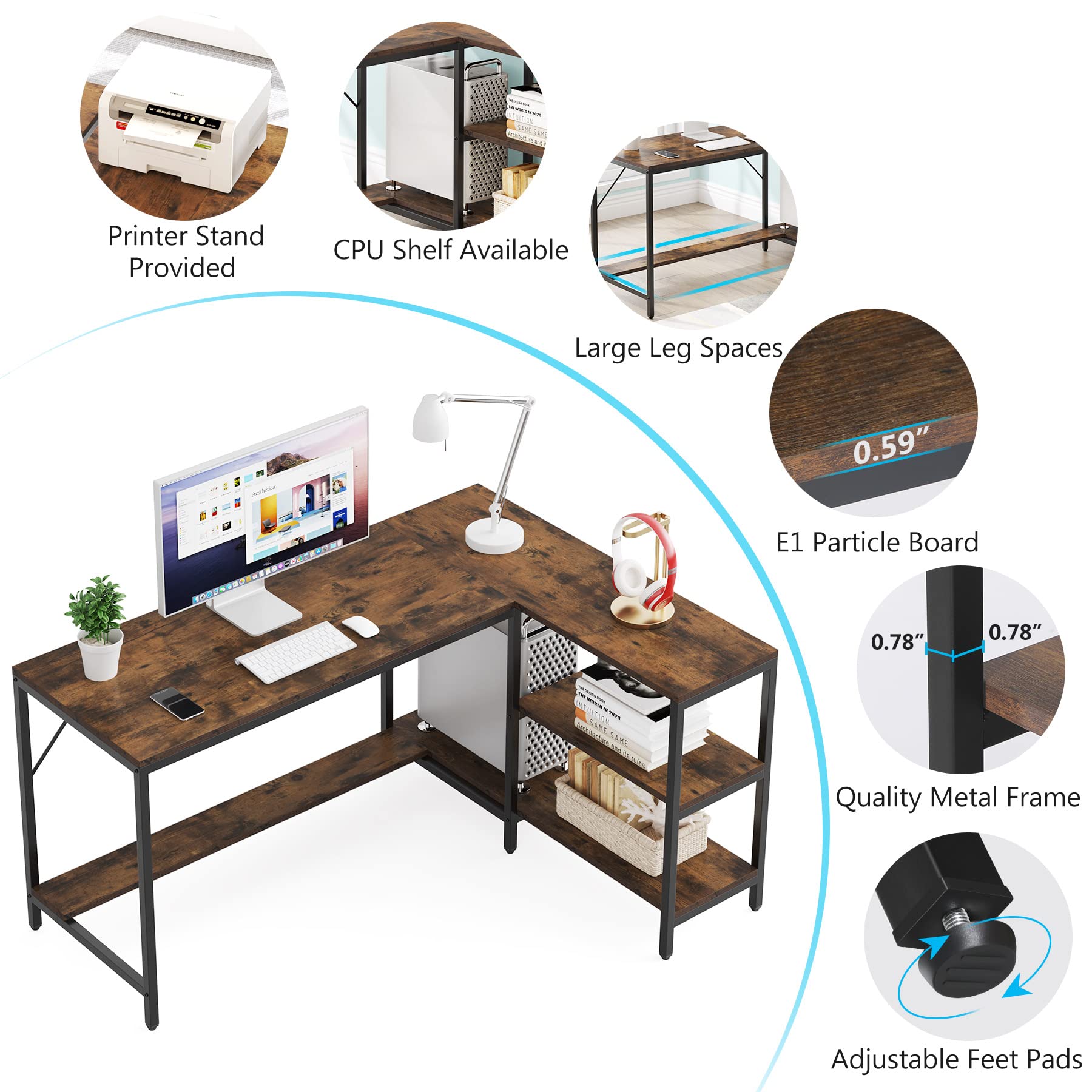Tribesigns L-Shaped Computer Desk with Storage Shelves - Reversible Gaming Desk for Home Office, Study & Workstation - Rustic Brown Finish for Modern & Rustic Decor