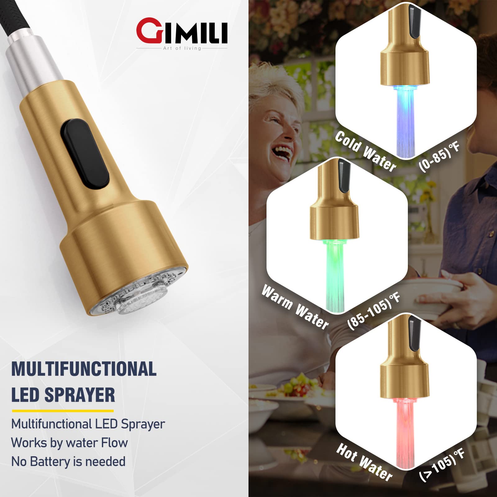 GIMILI Brushed Gold Kitchen Faucet with Pull Down Sprayer - Single Handle LED Kitchen Sink Faucet for Modern Home, Restaurant & Commercial Use