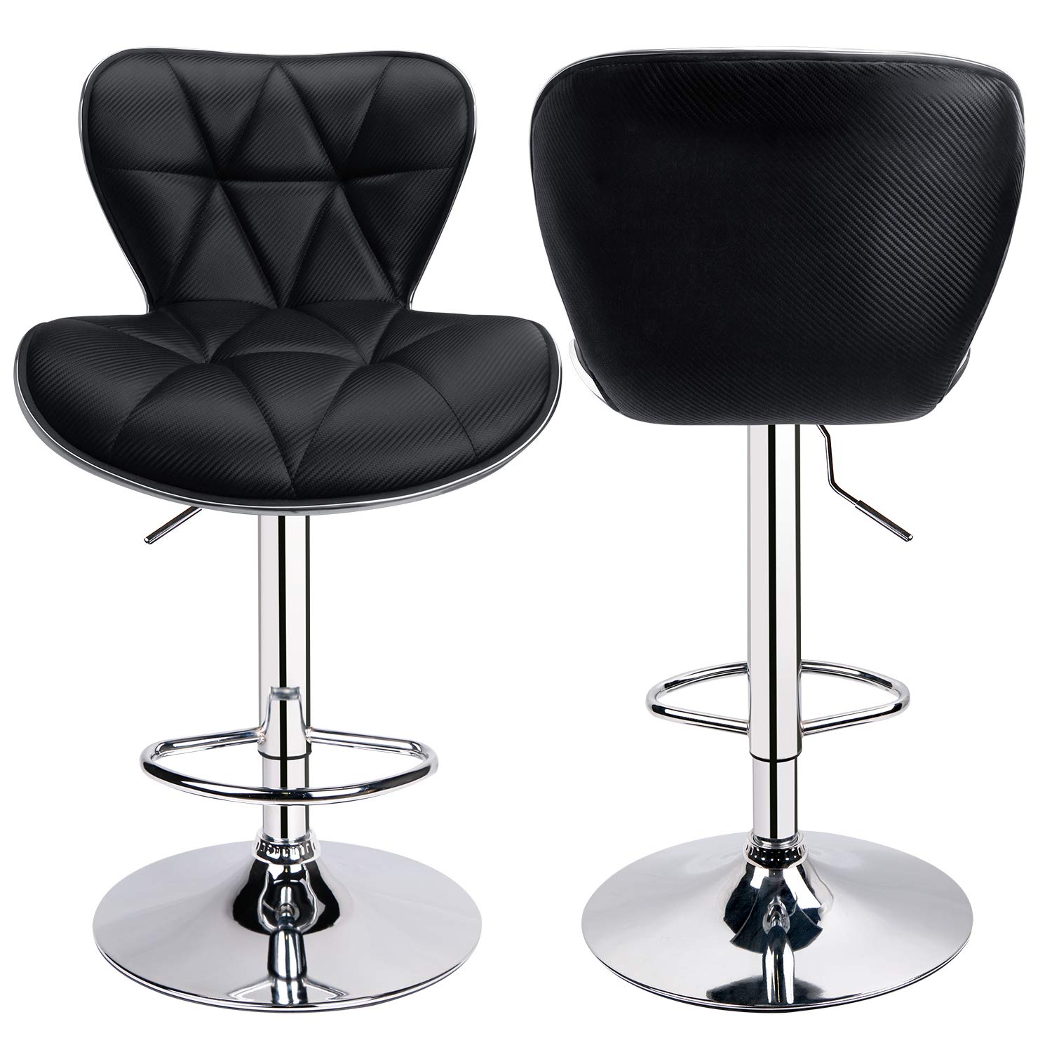 Leopard Print Adjustable Swivel Bar Stools with Carbon Fiber Leather Upholstery & Back Support - Set of 2 Black Barstools for Kitchen Island, Breakfast Nook & Home Bar Decor