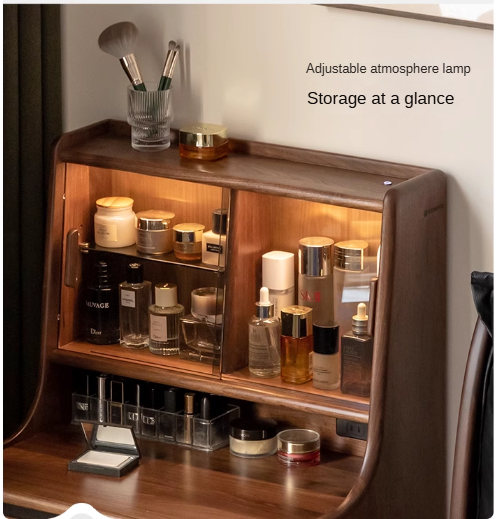 Black Walnut Solid Wood Lighted Vanity Dressing Table with Mirror - Elegant Makeup Desk for Bedroom, Bathroom, or Boudoir