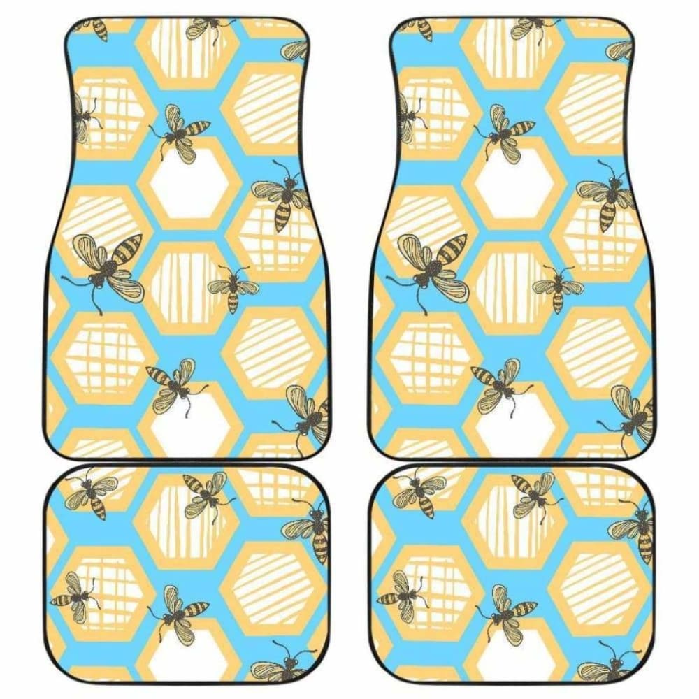 Premium Bee Honeycomb Pattern All-Weather Car Mats - Front & Back Set (192609) - Durable, Non-Slip Floor Mats for SUVs, Sedans & Trucks - Perfect for Road Trips, Daily Commute & Family Travel