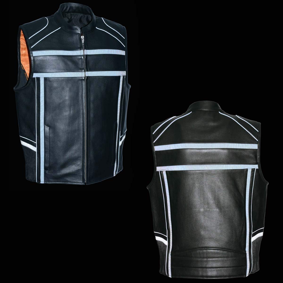 Milwaukee MLM3560 Men's Black Leather Motorcycle Vest with Reflective Piping & Elastic Waist - Biker Jacket for Riding, Cruising & Outdoor Adventures
