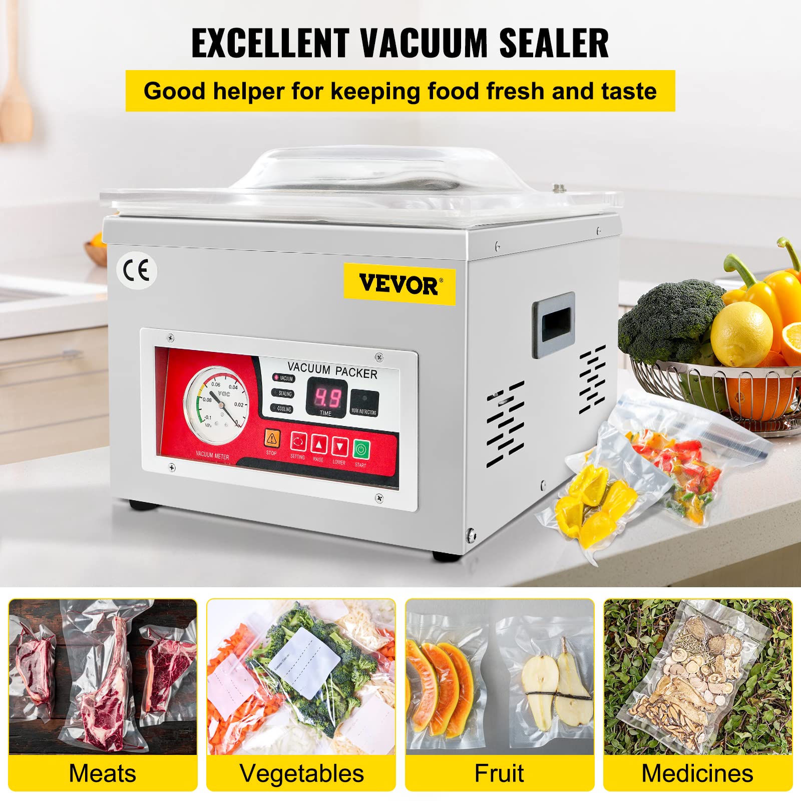 VEVOR DZ-260A Commercial Chamber Vacuum Sealer - 6.5 cbm/h Pump Rate, Automatic Control, 260W Power (110V/60Hz) for Fresh Meats, Seafood & Meal Prep - Professional Food Packaging Machine for Restaurants, Butchers & Home Use