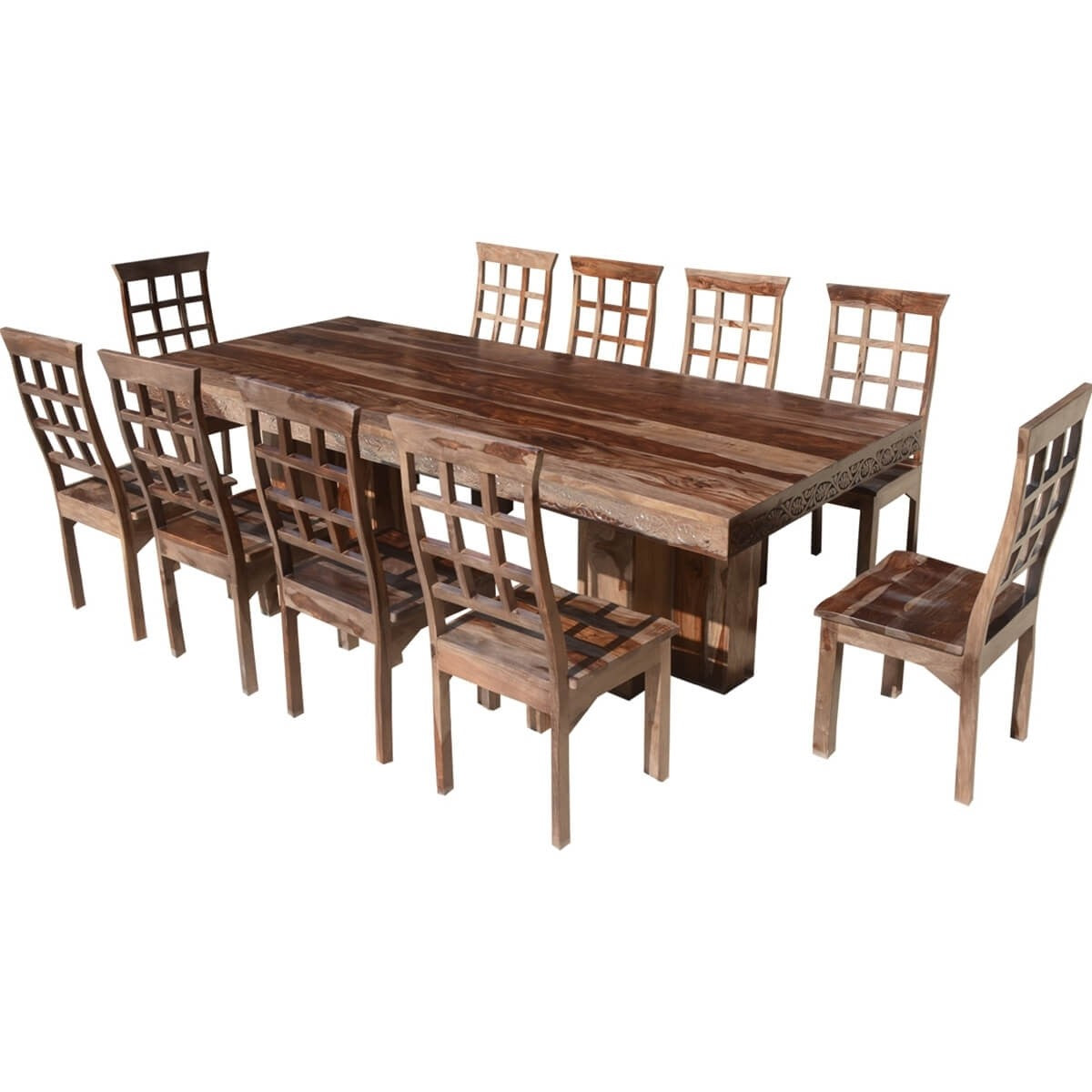 Rustic Solid Wood Double Pedestal Dining Table Set For 10 - Dallas Ranch Style Farmhouse Dining Room Furniture for Family Gatherings & Dinner Parties