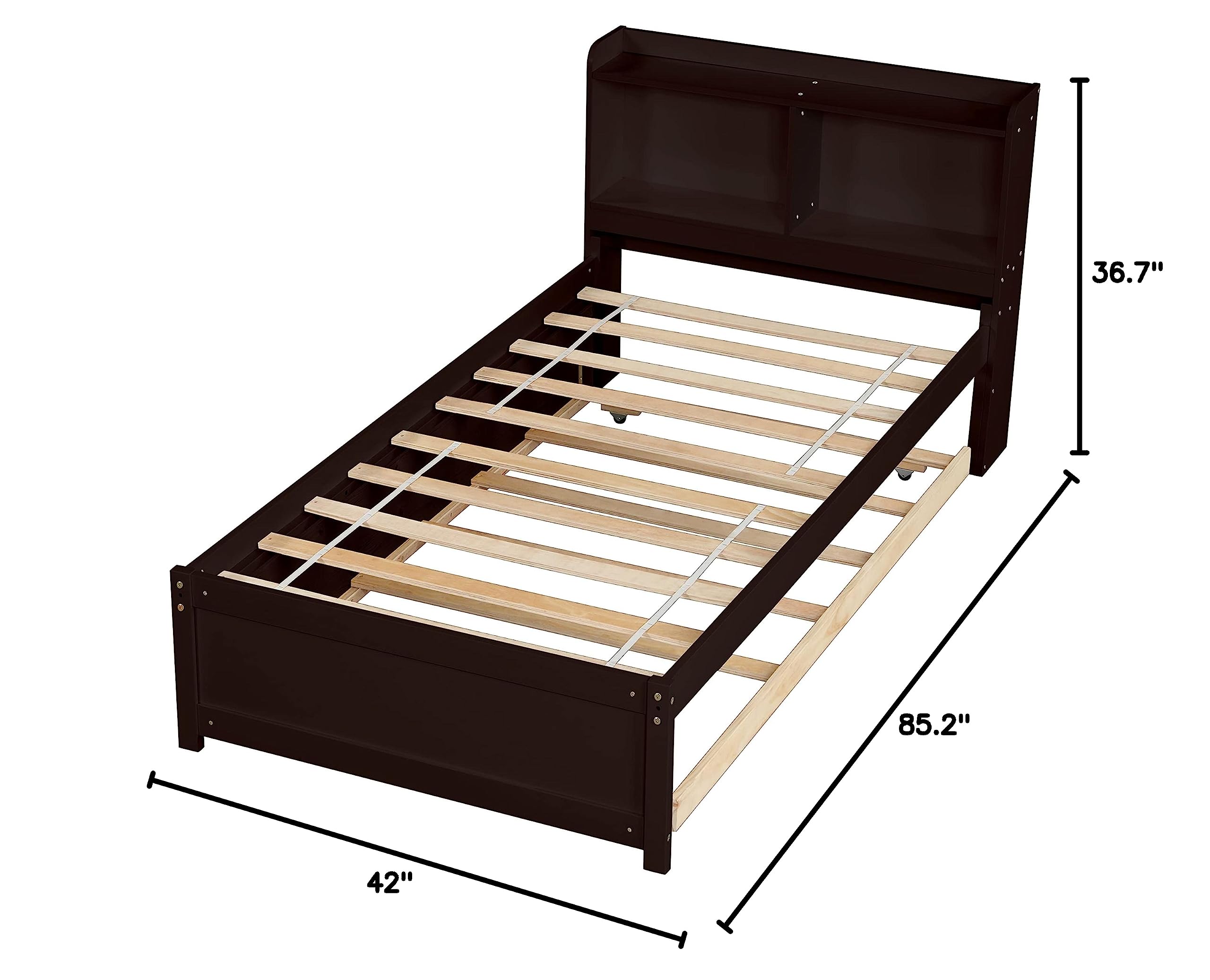 HomSof Twin Bed with Trundle and Bookcase in Espresso Finish - Space-Saving Kids Bedroom Furniture for Small Rooms, Sleepovers & Storage Solutions