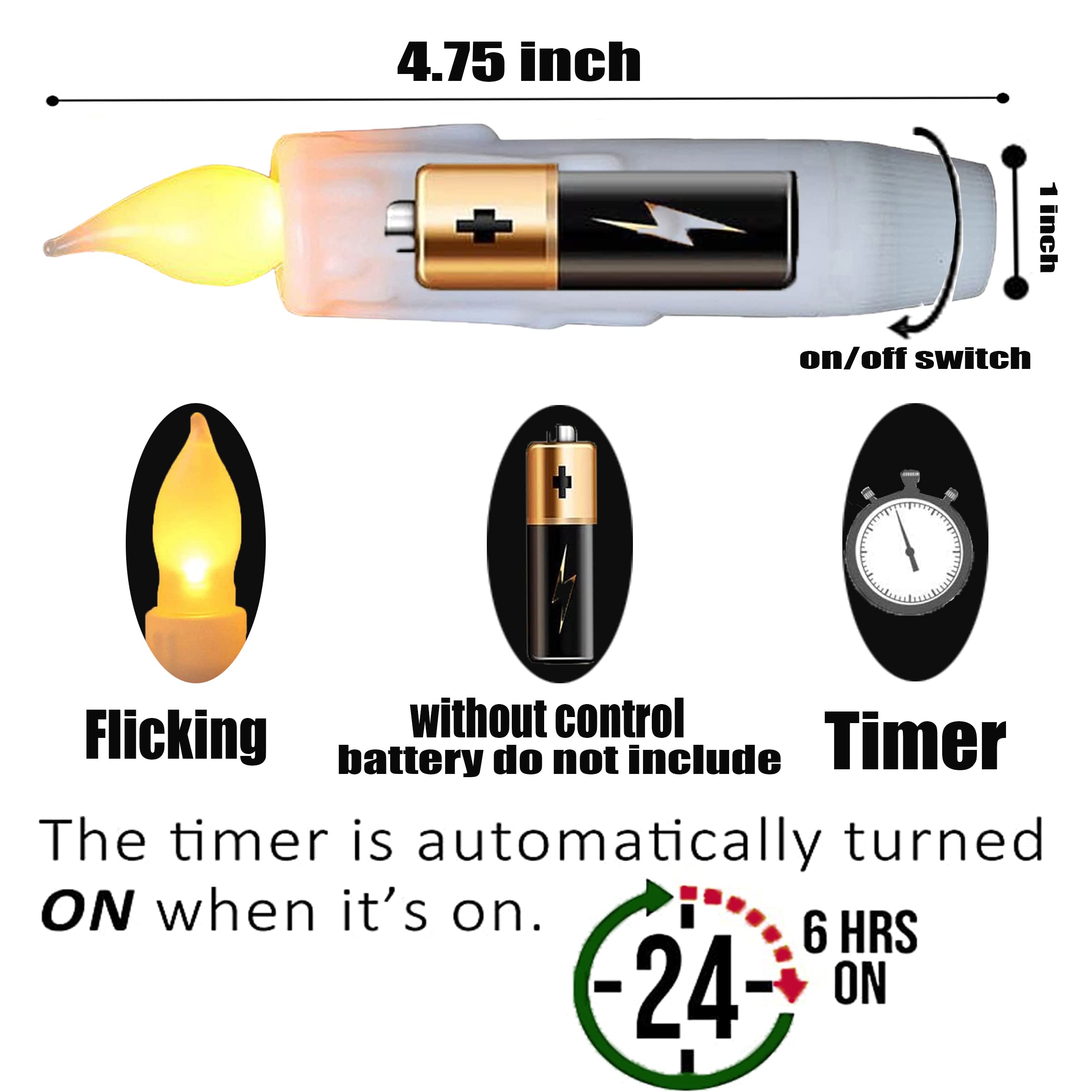 Battery Operated Flameless Taper Candles - 4.75 Inch White Short Candles with Realistic Flickering Flame & Timer - Safe LED Candlesticks for Fireplace, Christmas, Halloween, Wedding, and Home Decor