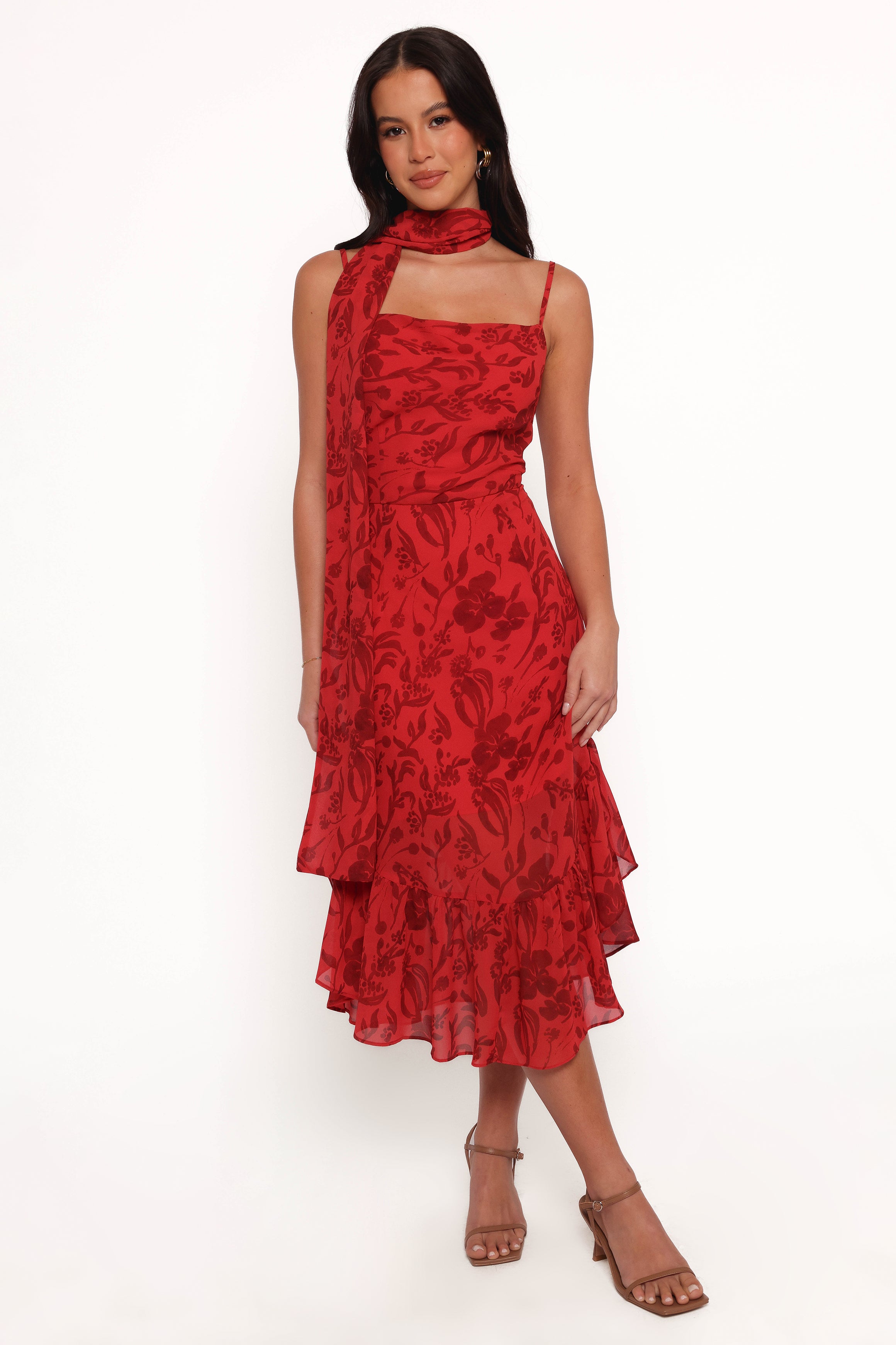 Francesca Women's Midi Dress - Red Floral Print Summer Casual Dress for Beach, Party & Date Night | Elegant A-Line Flowy Dress with Short Sleeves