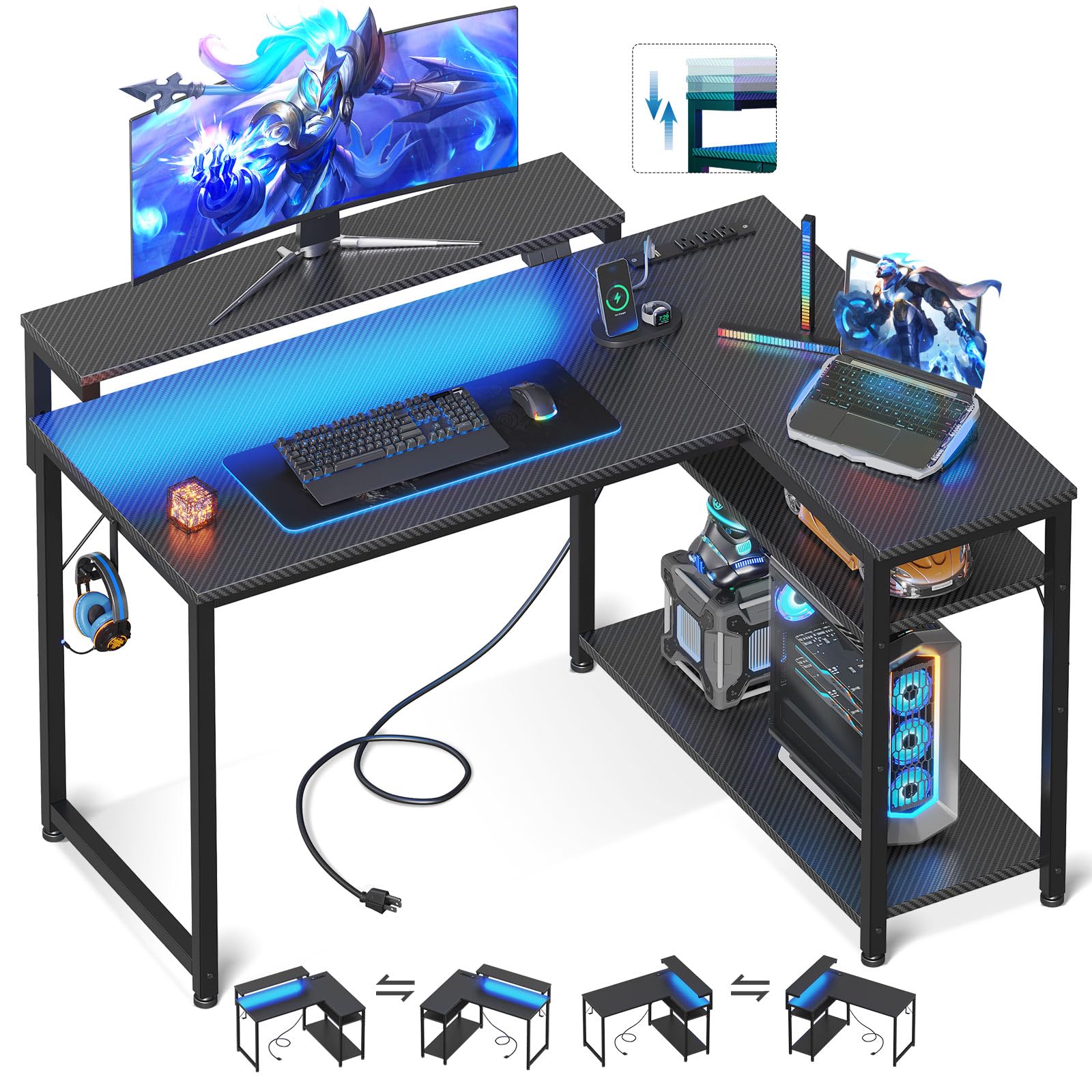 L-Shaped Gaming Desk with Power Outlet & LED Lights - 43 Inch Reversible Computer Desk with Adjustable Monitor Stand - Black Home Office Desk for PC Gaming & Work Setup