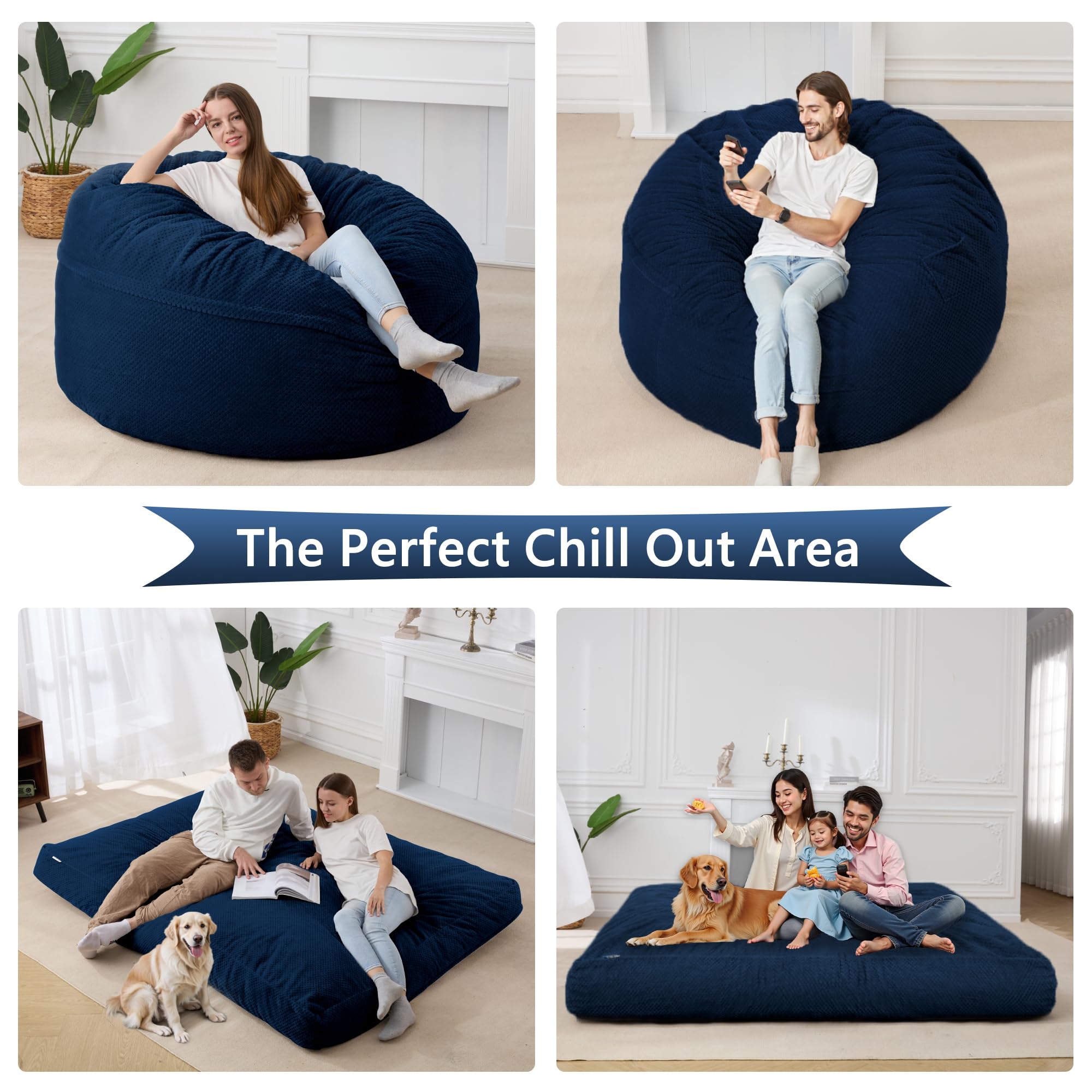 HABUTWAY Giant Bean Bag Chair with Washable Chenille Cover - Ultra Soft Convertible Bean Bag from Chair to Mattress - Huge Chenille Bean Bags for Adults, Couples & Family (Royal Full) - Perfect for Living Room, Bedroom, Game Room & Dorm Relaxation