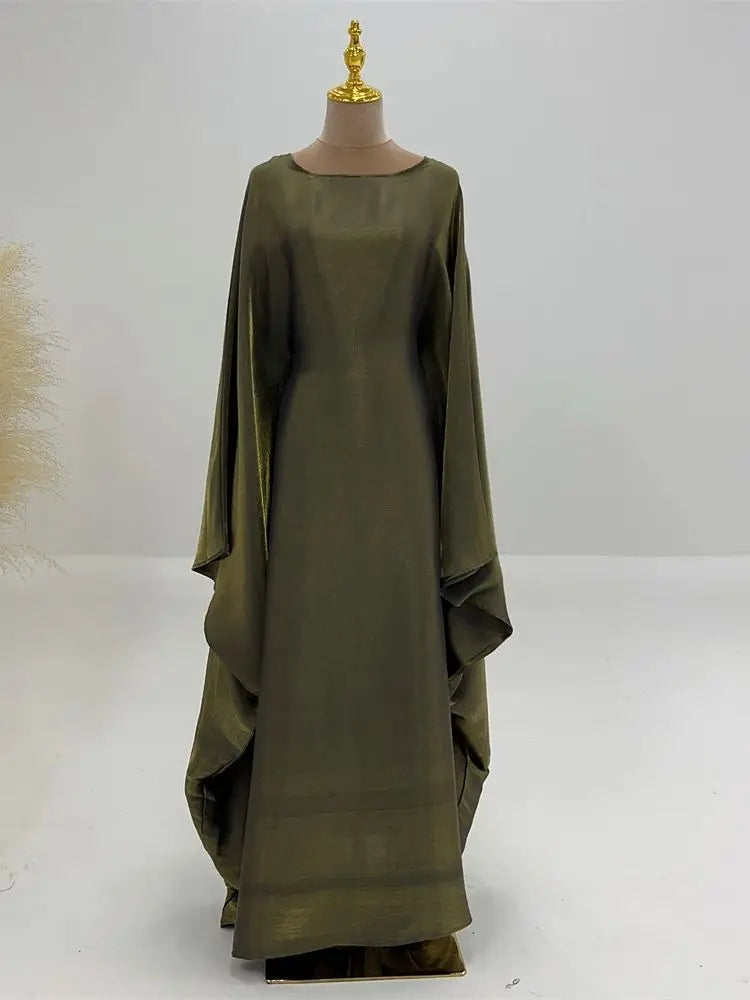 Elegant Batwing Sleeve Satin Abaya Dress for Women - Modest Muslim Prayer Dress for Eid, Wedding & Special Occasions