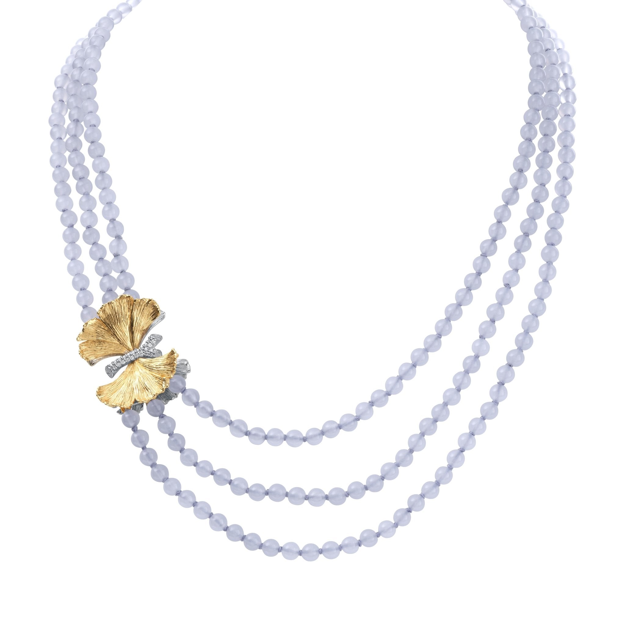 Elegant Butterfly Ginkgo Multi Strand Necklace with Chalcedony & Diamonds - Perfect for Weddings, Anniversaries & Special Occasions