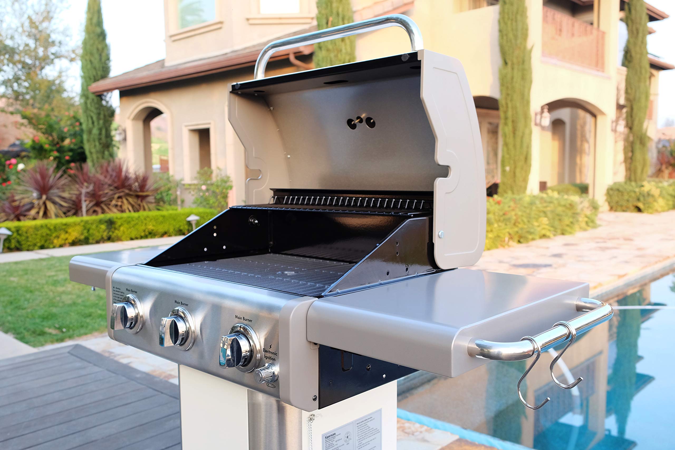 Kenmore 3-Burner 30,000 BTU Outdoor Propane Gas Grill with Folding Side Shelves & Weatherproof Cover - Perfect for Backyard BBQs, Camping, and Tailgating Parties