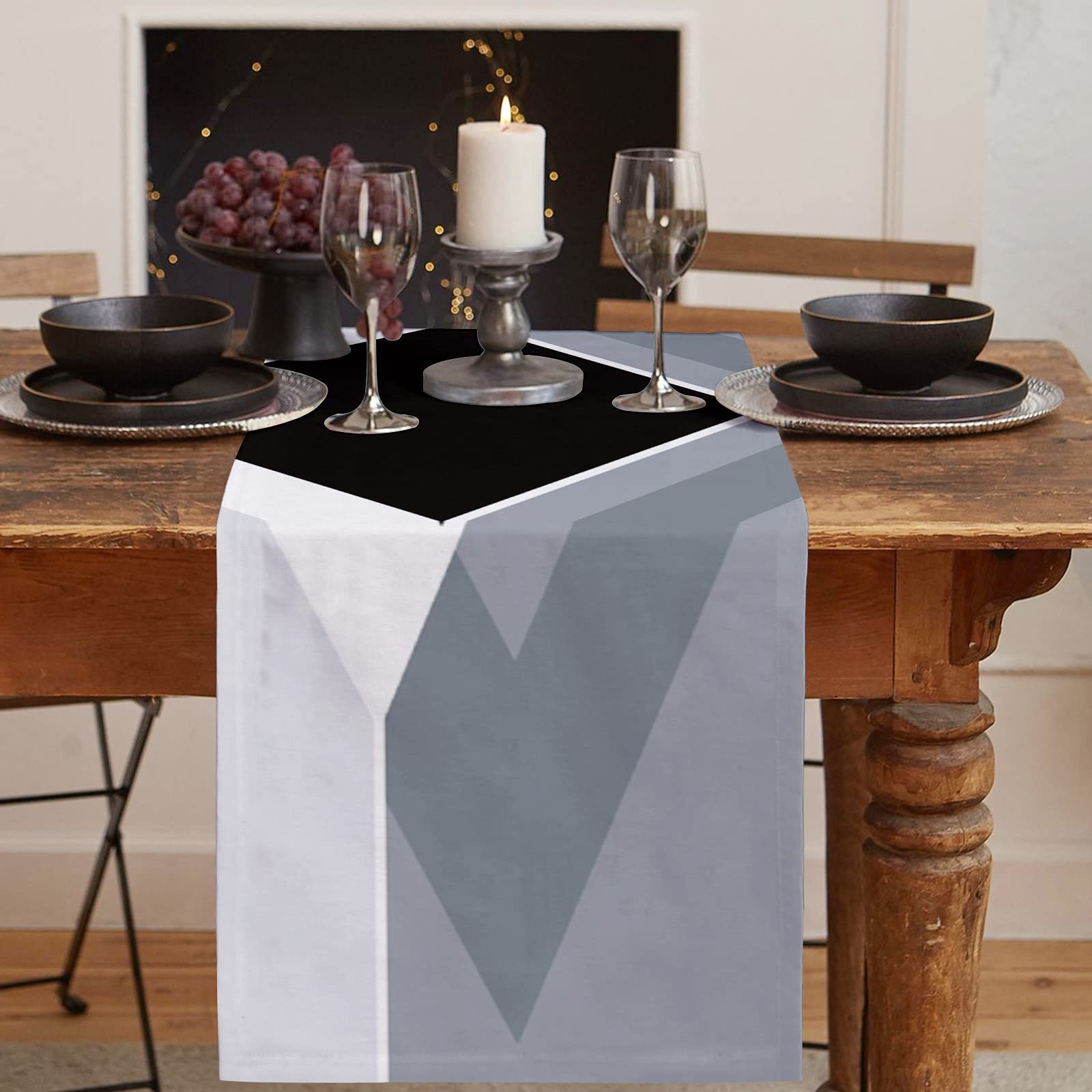 72 Inch Grey Abstract Geometric Burlap Linen Table Runner - Modern Farmhouse Decor for Kitchen, Dining Table, Dresser & Coffee Table | Perfect for Weddings, Parties & Banquets