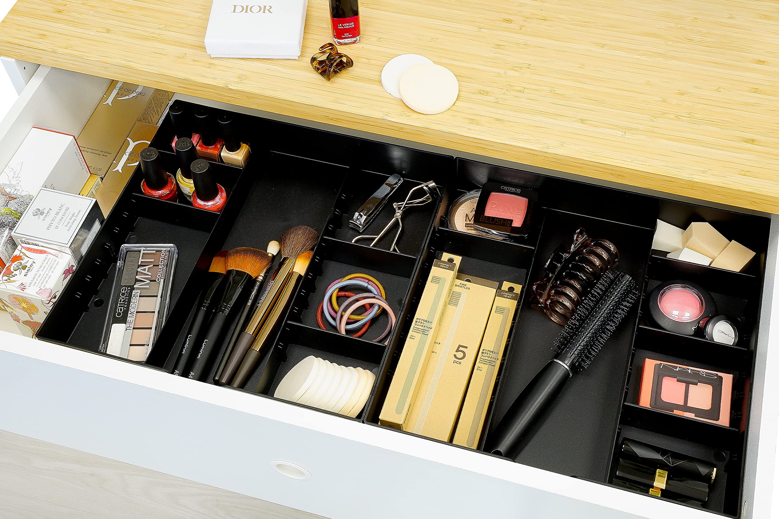 CAXXA 3-Slot Drawer Organizer with 4 Adjustable Dividers - Black Storage Tray for Makeup Vanity, Office Desk Supplies, Kitchen Utensils & Home Organization (1 Pack) - Perfect for Bedroom, Bathroom & Office Drawer Organization