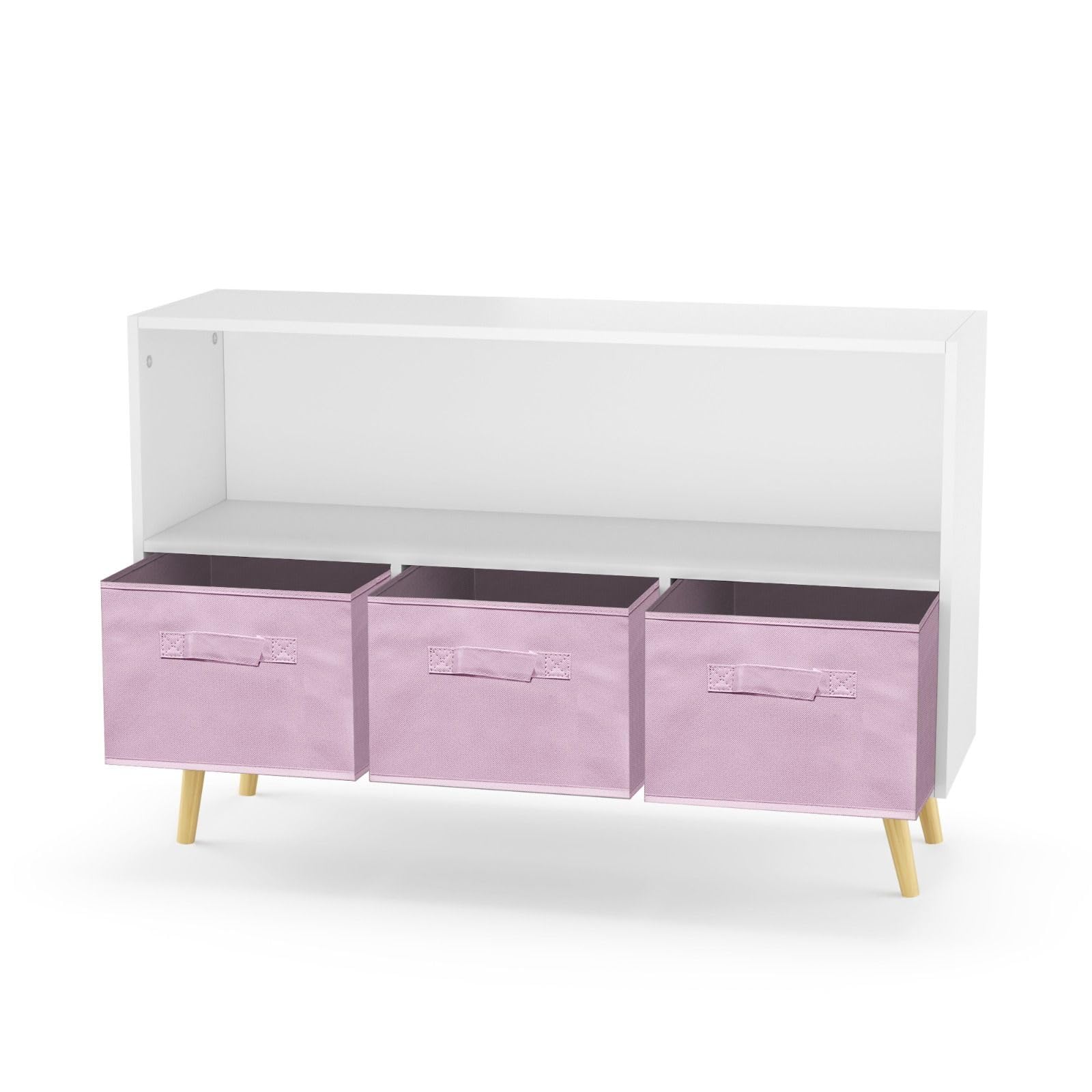 2-Shelf Bookcase with 3 Fabric Storage Bins - Wooden Storage Organizer with Pine Legs for Nursery, Bedroom & Living Room - Perfect for Kids' Toys, Books & Home Decor Organization