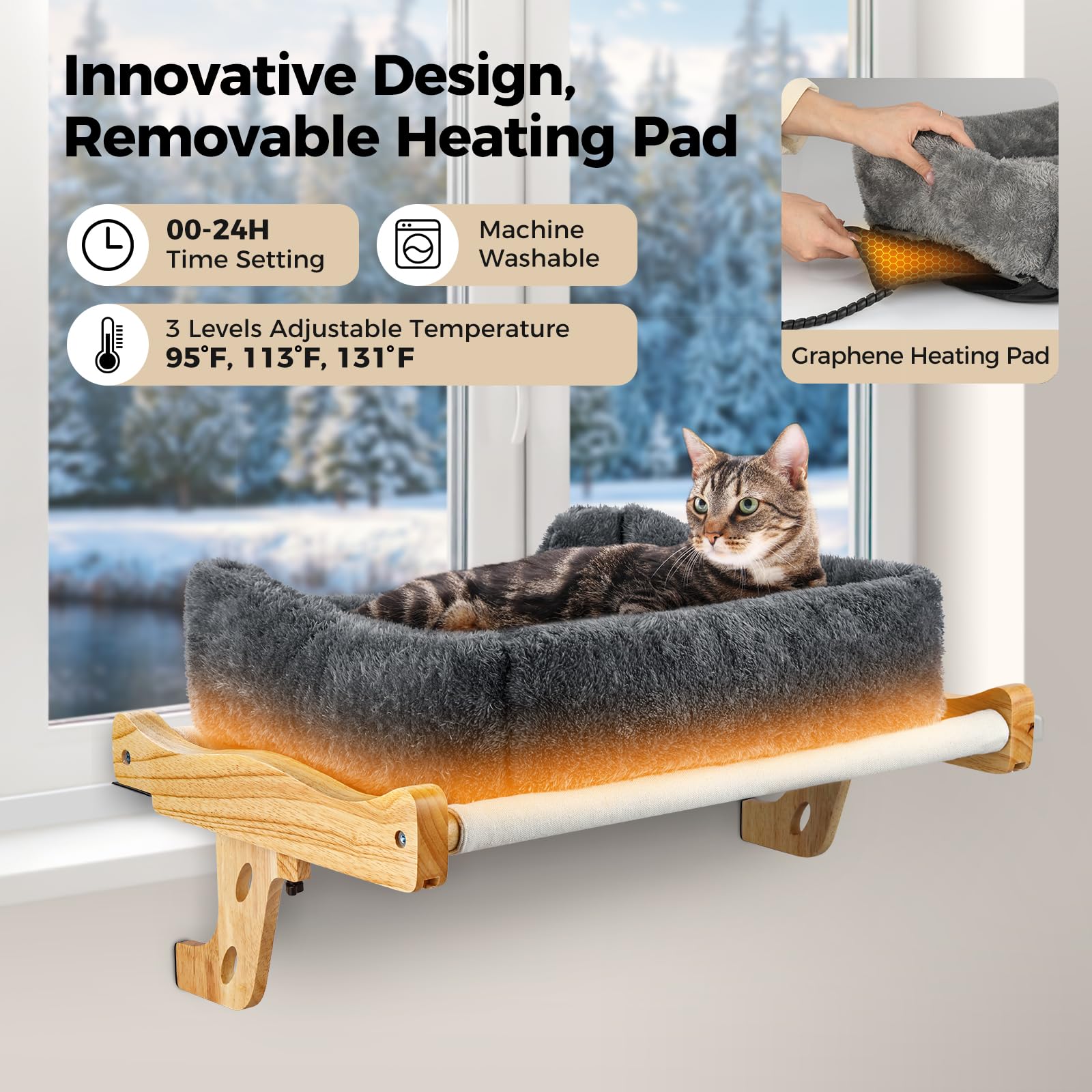Warm Wooden Cat Window Perch with Removable Heating Pad - Adjustable 24H Timer Cat Hammock & Wide Cushion - Easy Clean Cat Bed for Windowsill, Bedside, Desk (Perfect for Winter Napping & Sunny Lounging)