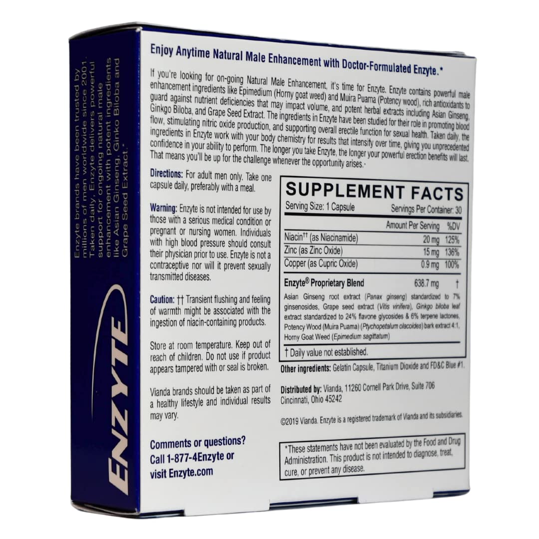 Enzyte® Natural Male Enhancement Supplement - Boost Stamina & Performance with Asian Ginseng, Ginkgo Biloba, Grape Seed Extract & Horny Goat Weed - 180 Capsules for Men's Health & Vitality - Perfect for Workout Recovery & Intimate Moments