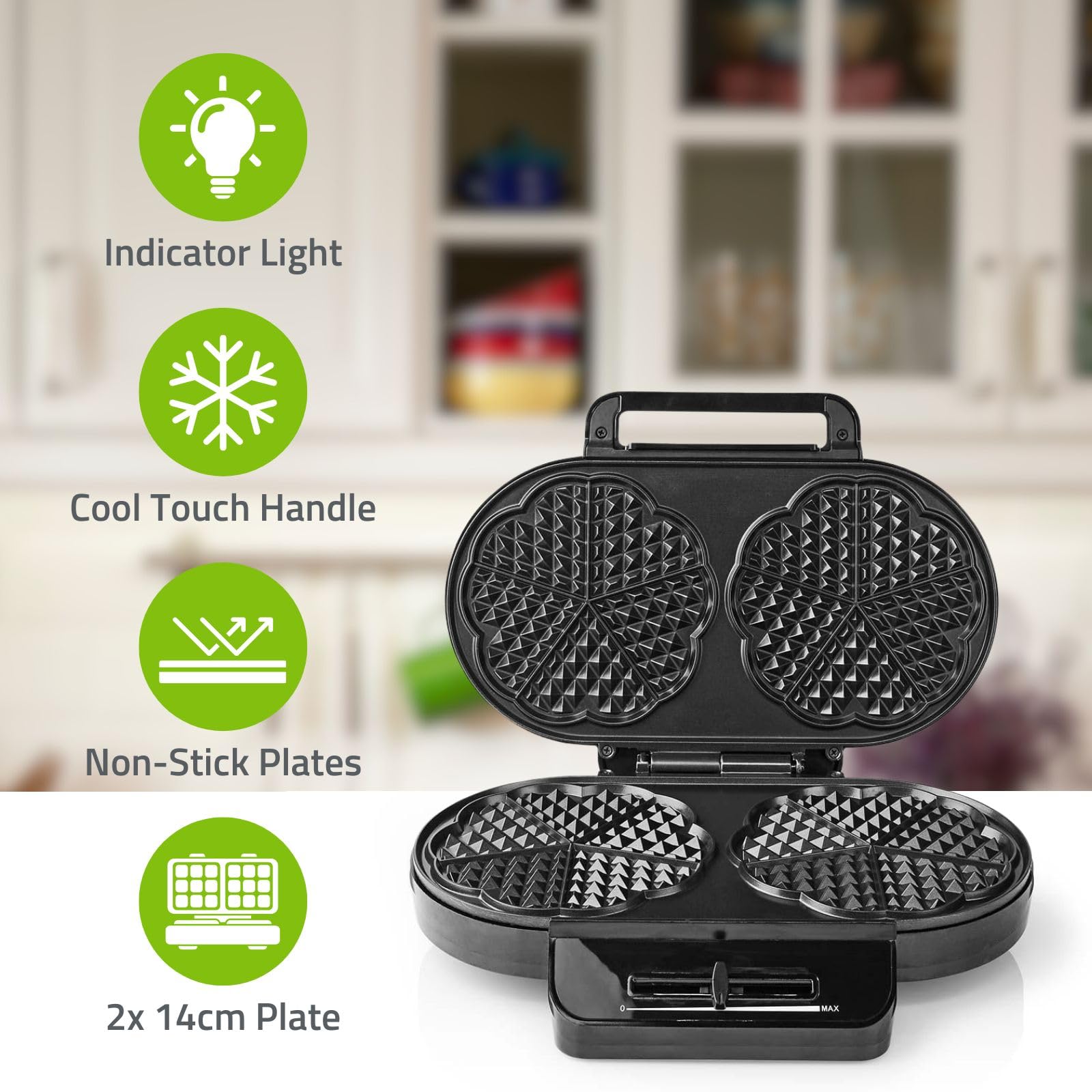 Nedis Double Heart Waffle Maker with Non-Stick Plates & Adjustable Temperature Control, 1200W - Perfect for Valentine's Day Breakfast, Romantic Dates, and Family Brunch