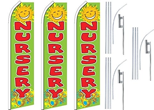 3 Pack Swooper Flutter Feather Flags with 3 Poles & Ground Spikes - Nursery Sun Green Red Yellow - Perfect for Outdoor Events, Garden Decor, and Business Advertising