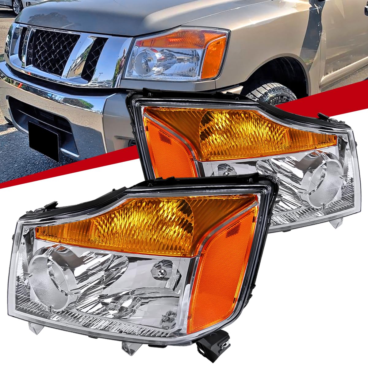 2004-2015 Nissan Titan & 2004-2007 Nissan Armada Clear Lens Headlight Assembly Pair - Left & Right Replacement Headlamps for Improved Night Visibility