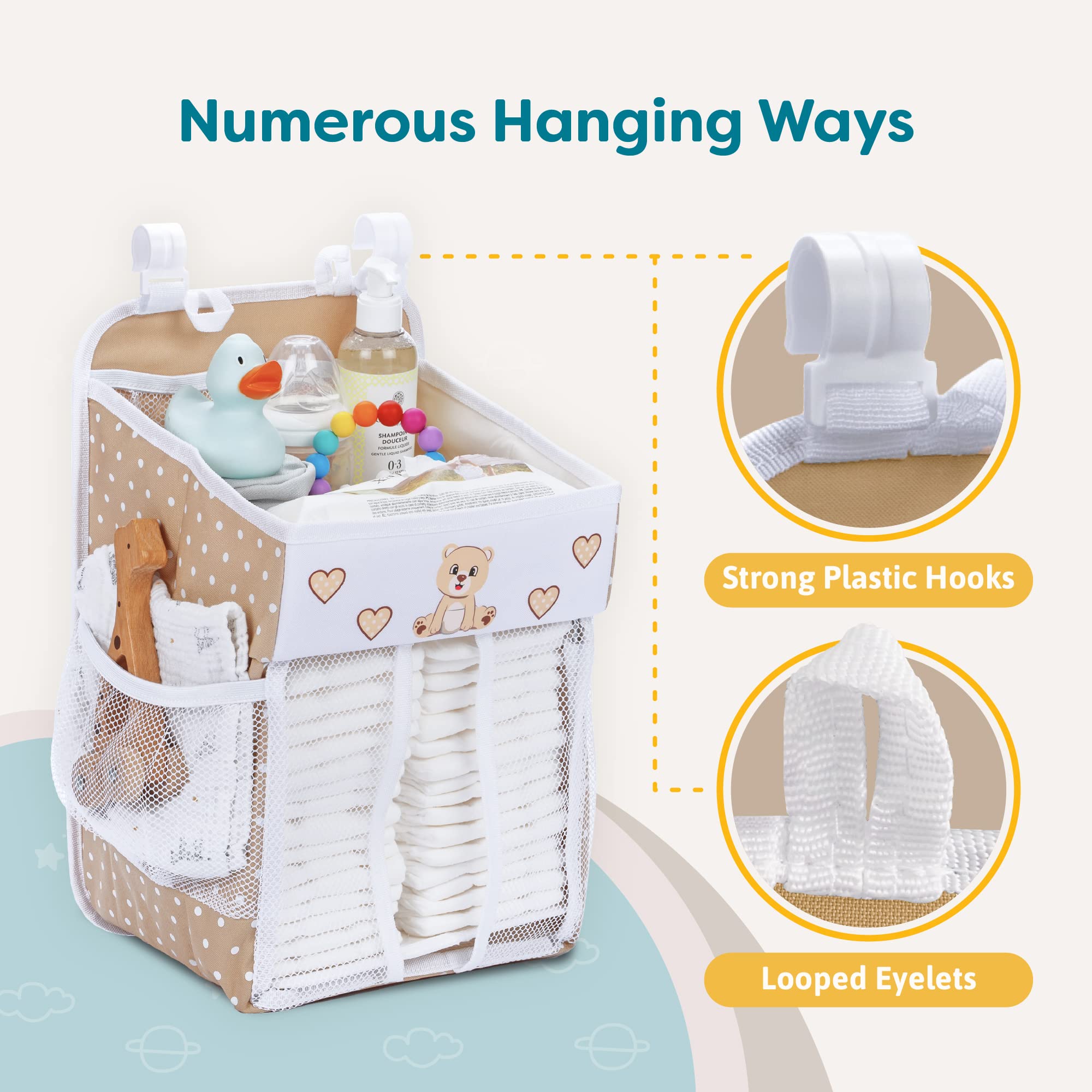 Hanging Diaper Caddy Organizer - Baby Shower Gift for New Parents | Holds 50+ Diapers & Nursery Essentials | Teddy Bear Design (17x9x9 Inches) | Perfect for Changing Tables, Nursery Organization & Baby Care