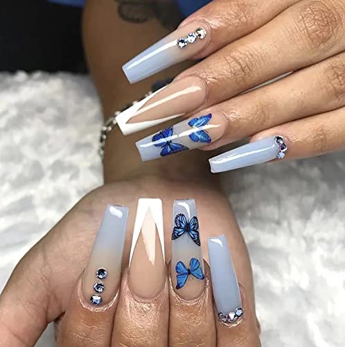 Lovamis 24PCS Long Press on Nails with Blue Butterfly Design - Luxury Rhinestone Coffin Fake Nails with Glue, Acrylic Artificial French Tip False Nails for Women | Perfect for Daily Wear, Parties & Holidays