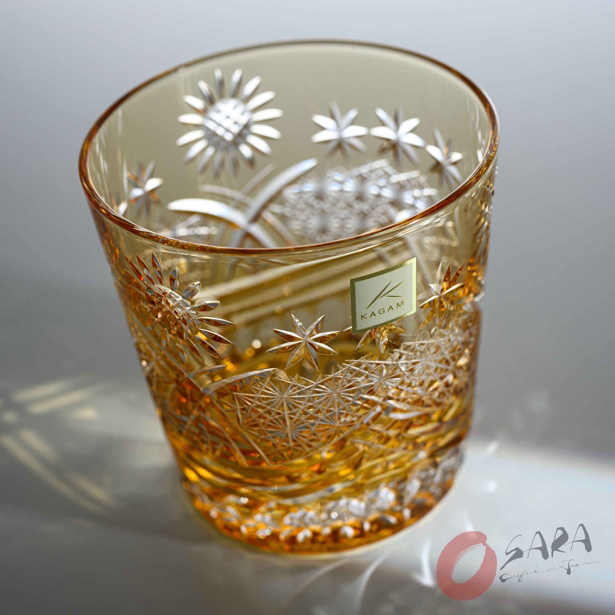 KAGAMI x OSARA Collaboration Crystal Rock Glass - Sunflower Design, Premium Whiskey Tumbler for Bourbon, Scotch & Cocktails - Elegant Barware for Home & Gifts