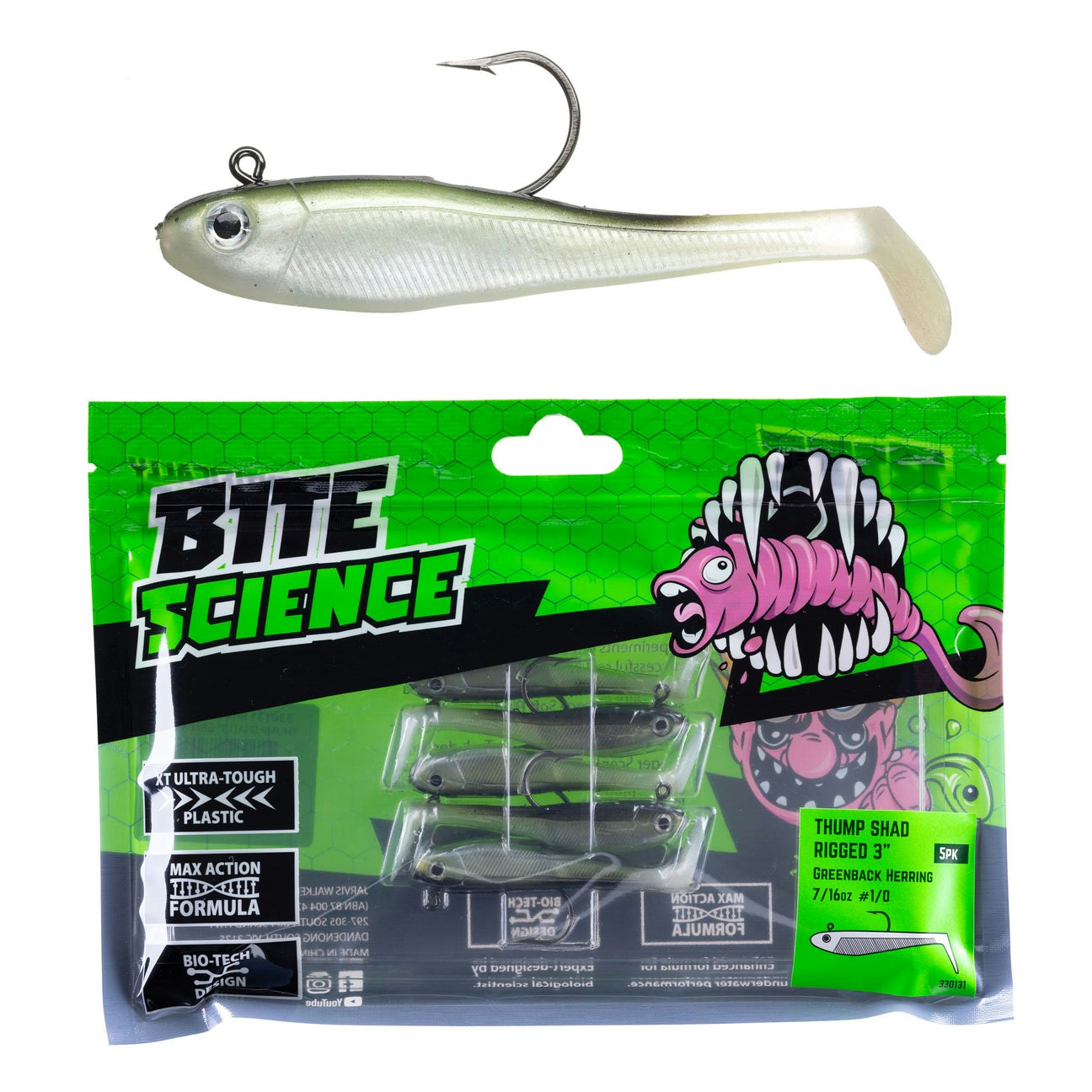 Bite Science Thump Shad Rigged Fishing Lures - Soft Plastic Swimbait for Bass, Walleye & Trout - Perfect for Freshwater & Saltwater Fishing