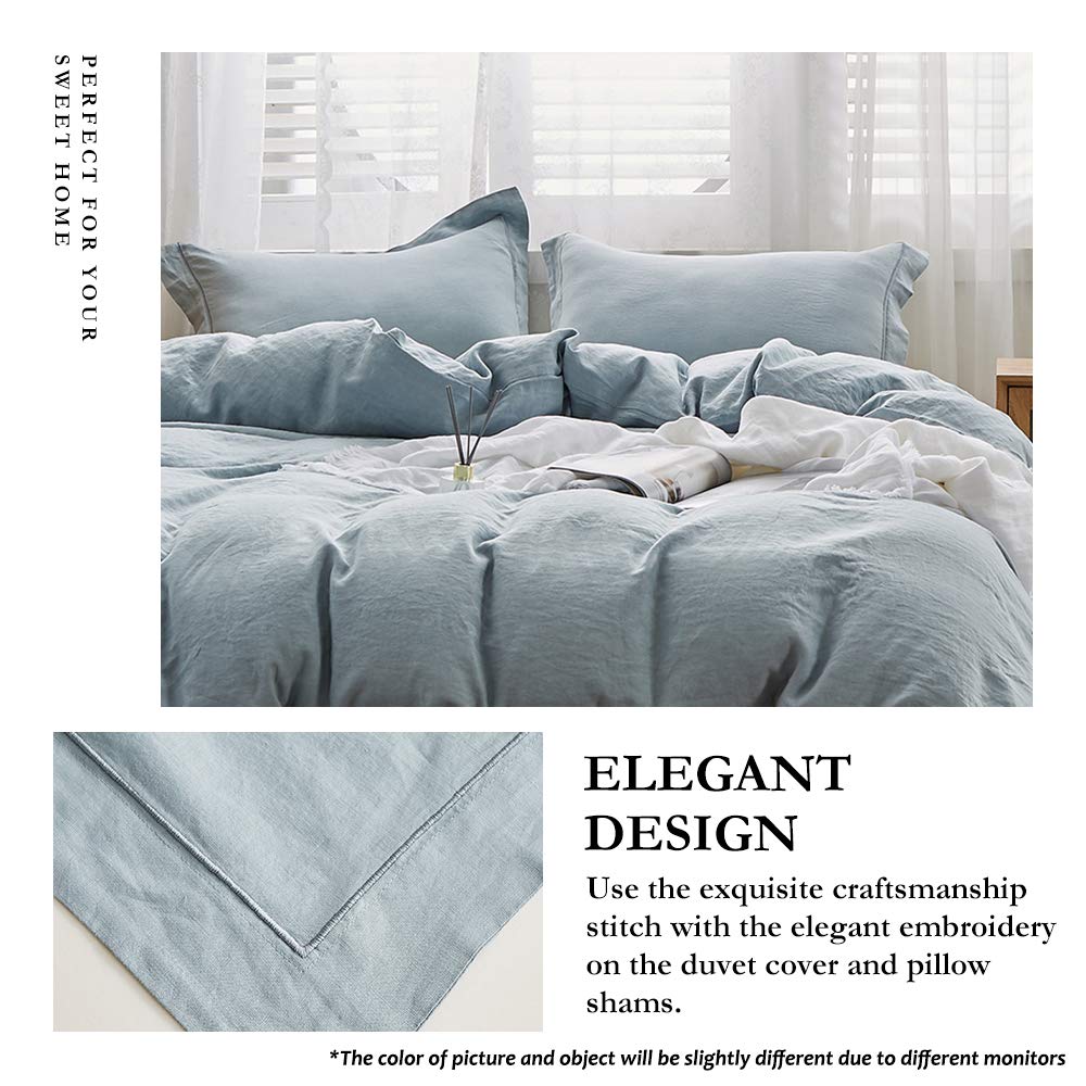 Premium 100% Linen Duvet Cover Set with Elegant Embroidery - 3 Piece Washed Farmhouse Bedding (King Size, Dusty Blue) | Soft, Breathable & Button Closure | Perfect for Master Bedroom, Guest Room & Cozy Farmhouse Decor