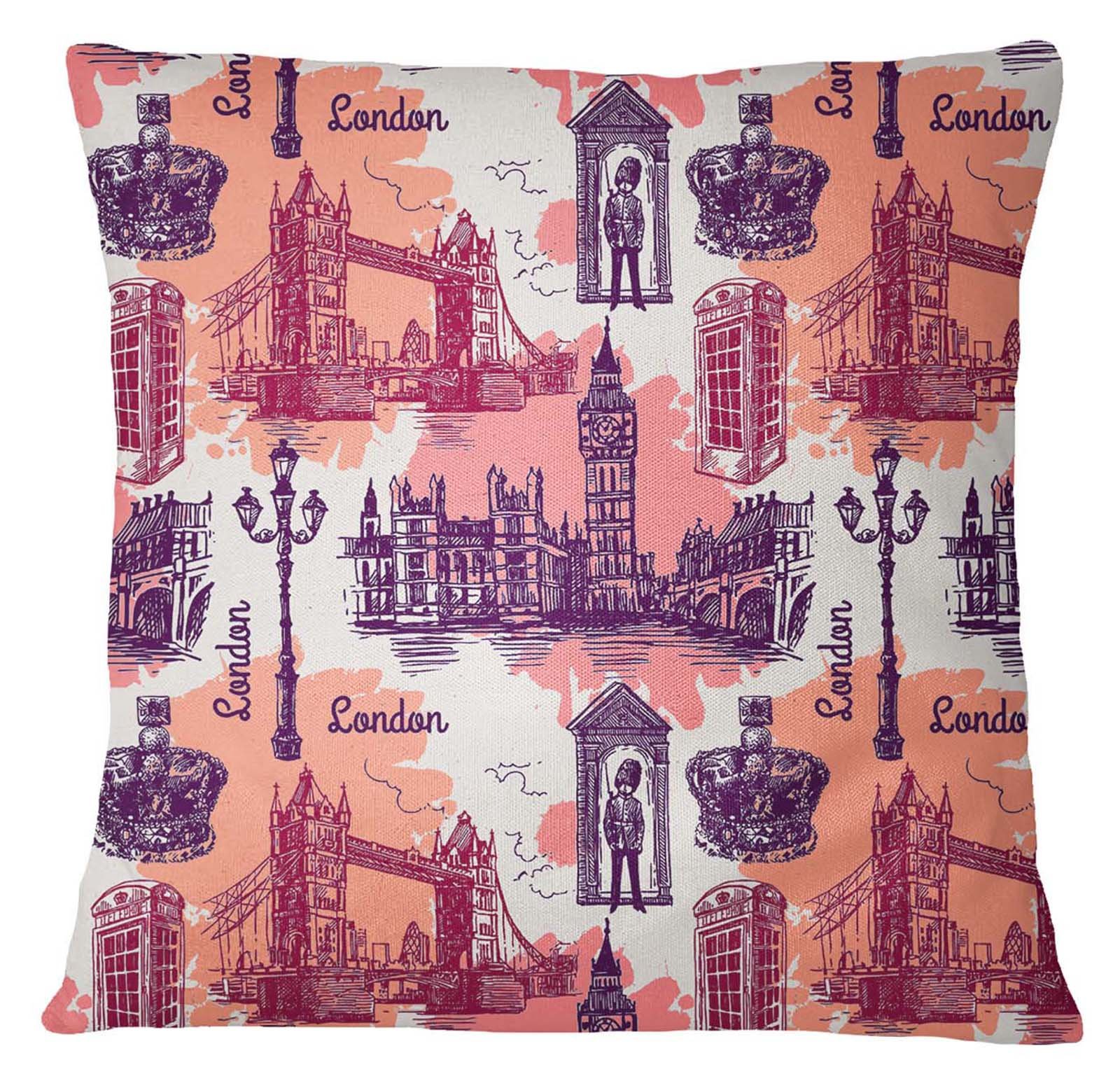 Indian Home Decor London Theme Architectural Print Peach Throw Pillow Cover 22x22 Inches - Perfect for Sofa, Bed & Living Room Decor
