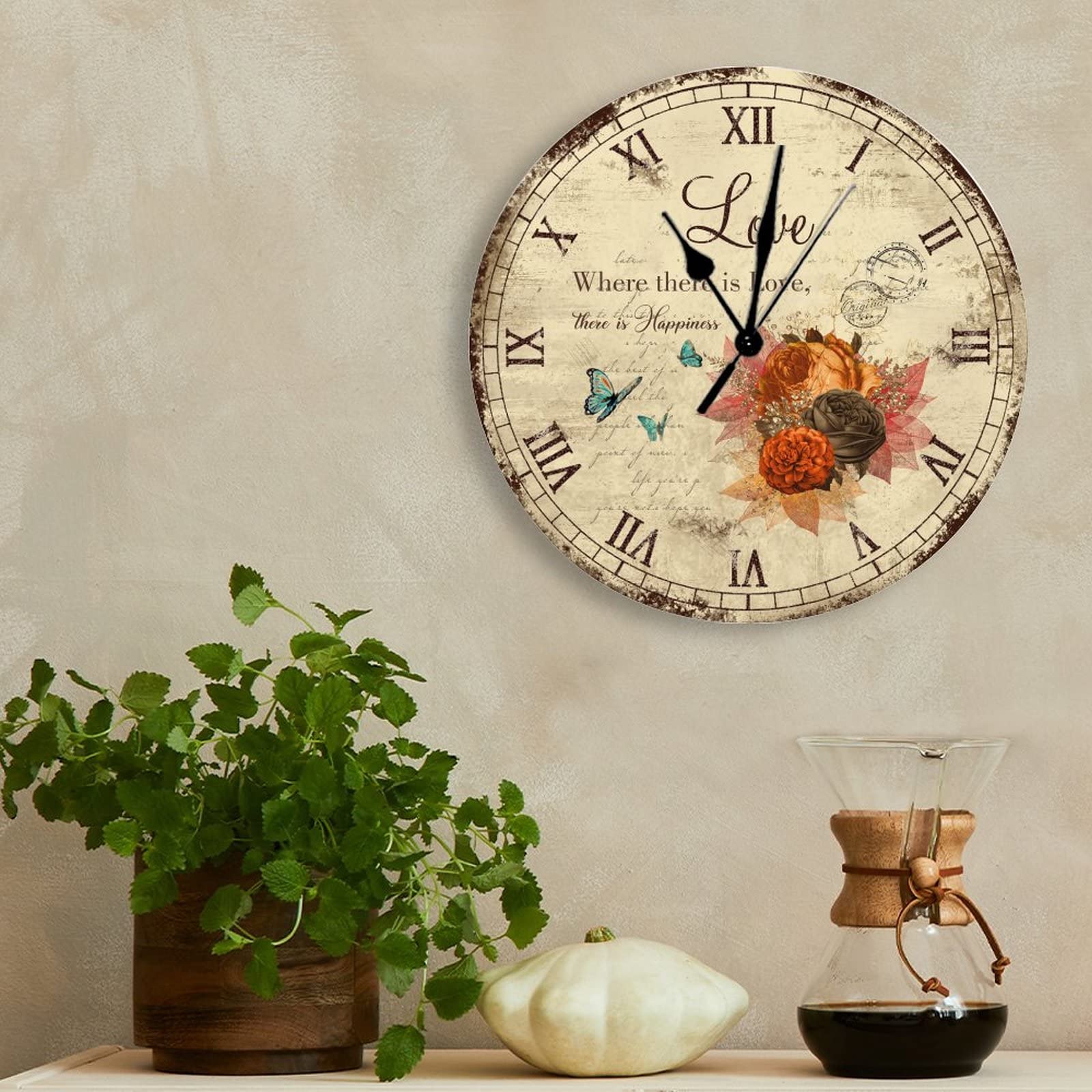 10 Inch Romantic Rose Sing for Love Wooden Wall Clock - Christian Floral Butterfly Design, Battery Operated Silent Non-Ticking - Perfect for Farmhouse, Home, Kitchen, Office, School & Bathroom Decor | Ideal for Wedding Gifts, Bedroom Accents & Living Room Wall Art