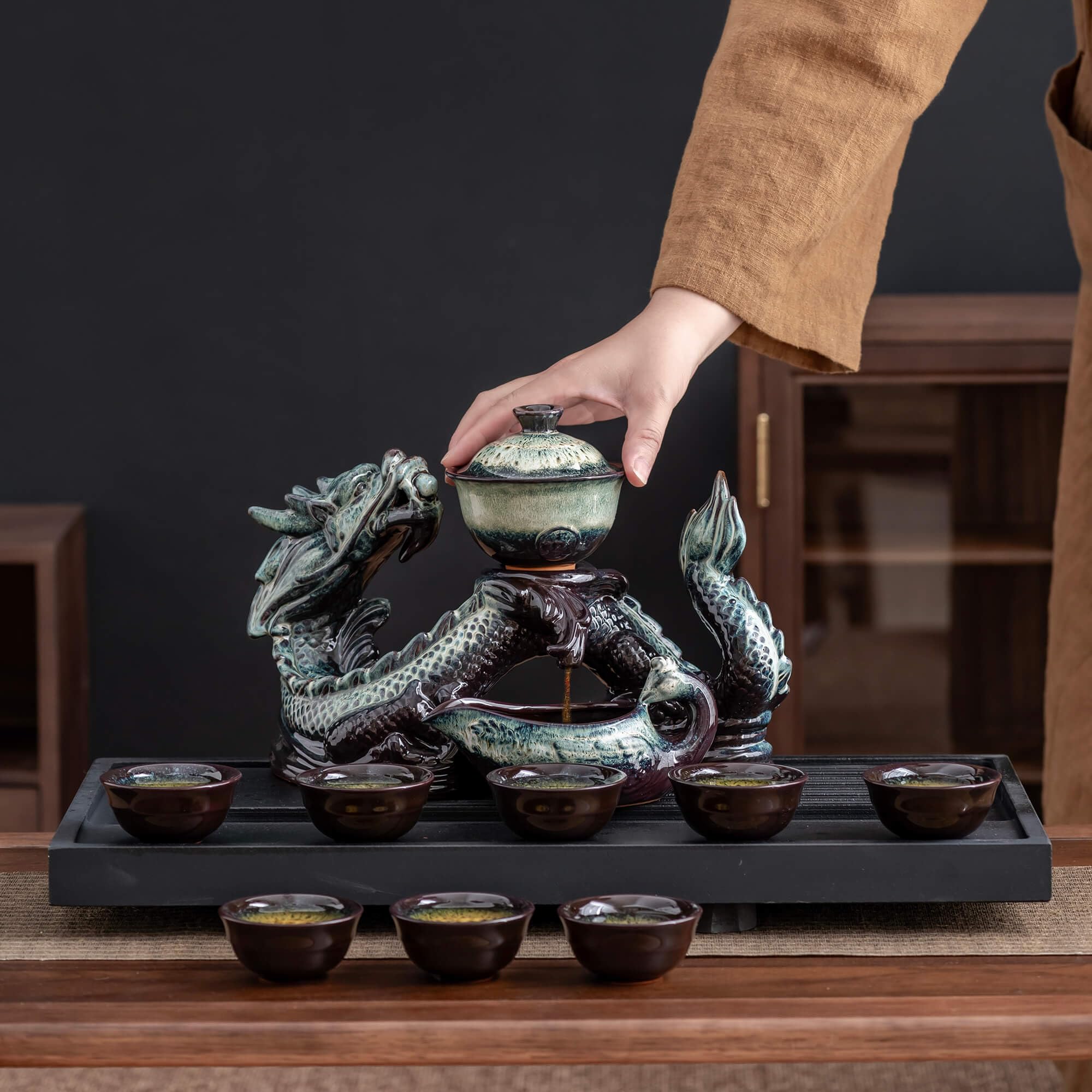 Premium Ceramic Teapot with Removable Infuser - 8 Cup Semi-Automatic Tea Set in Stunning Gradient Dragon Design - Perfect for Home, Office, and Gift Giving