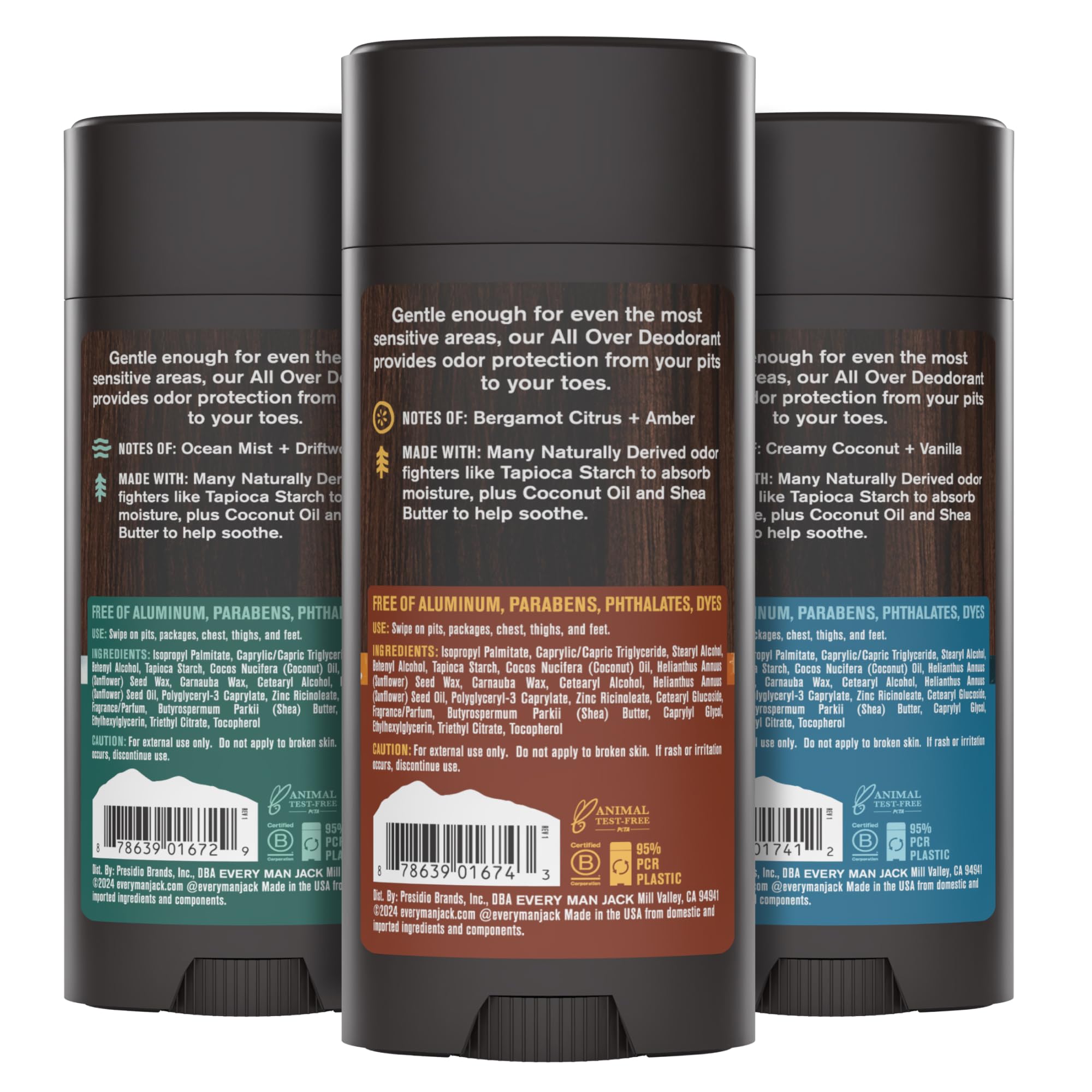 Every Man Jack All Over Deodorant Variety Pack - 24 Hour Aluminum Free Body Odor Protection - 3 Pack (Fresh Citrus, Coastal Surf, Coconut Vanilla) - 2.6 oz Each - Perfect for Gym, Travel & Daily Freshness