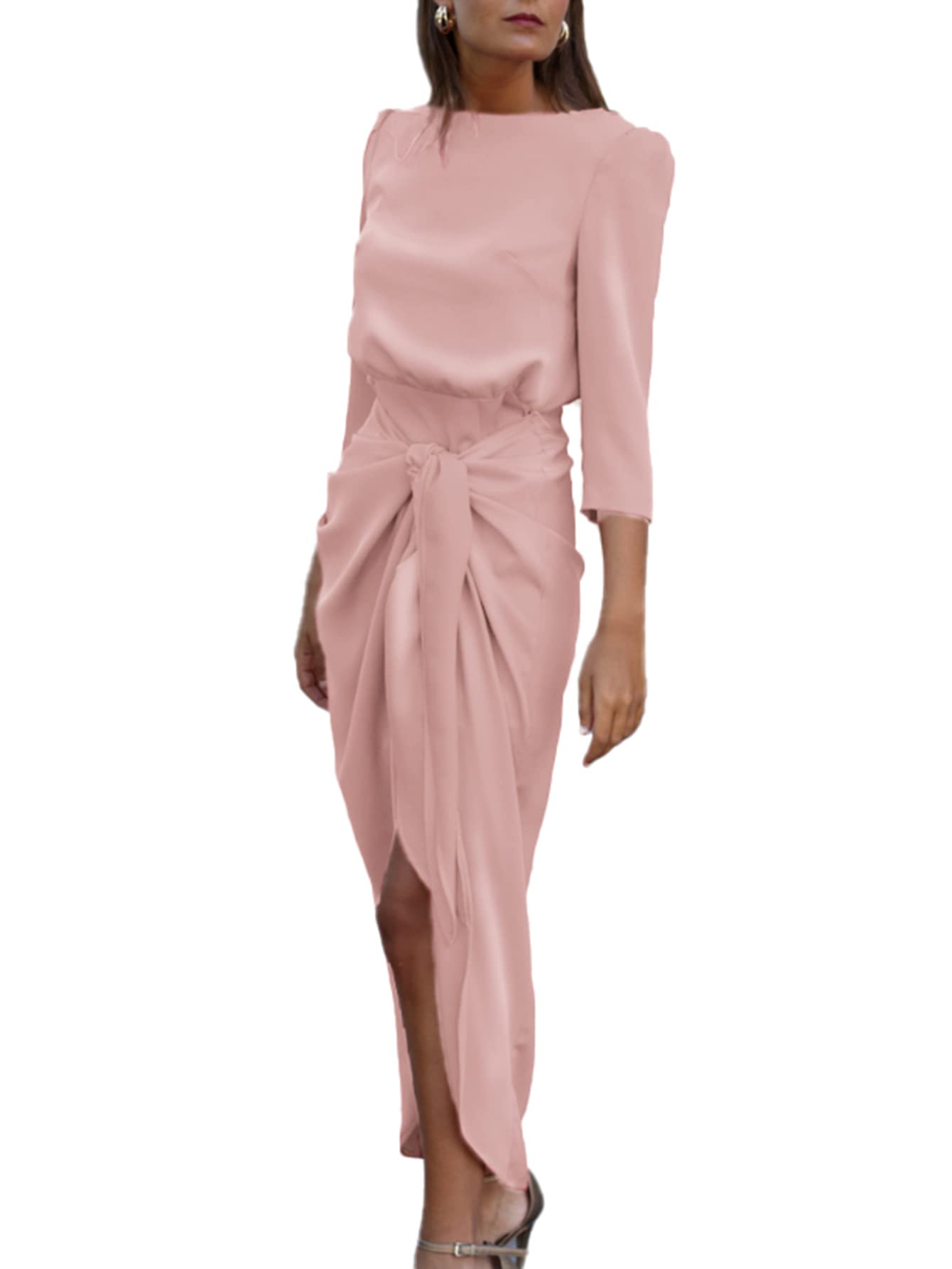 Glamaker Women's Satin Long Sleeve Formal Dress | Tie Front Elegant Pencil Midi Dress for Office, Cocktail Party & Evening Events