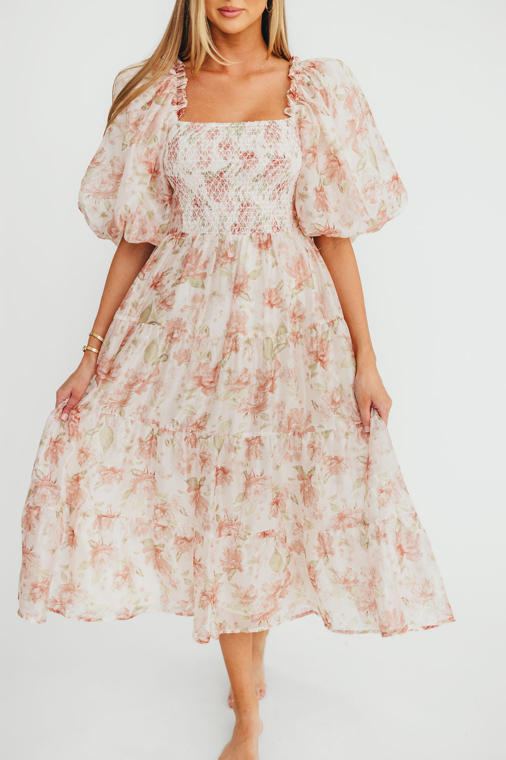 McKenna Puffed Sleeve Tiered Midi Dress in Peach - Flowy Summer Dress for Women, Beach Wedding Guest Outfit, Boho Chic Party Dress
