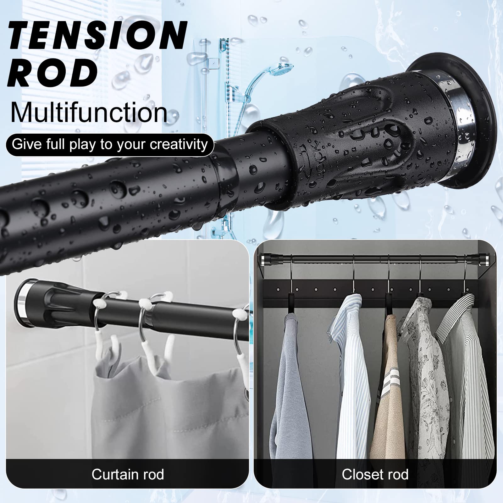 Adjustable Heavy Duty Tension Curtain Rod 42-115 Inch, Black Shower Curtain Rod for Bathroom, Closet, Windows, Perfect for Home, Apartment, and Dorm Use