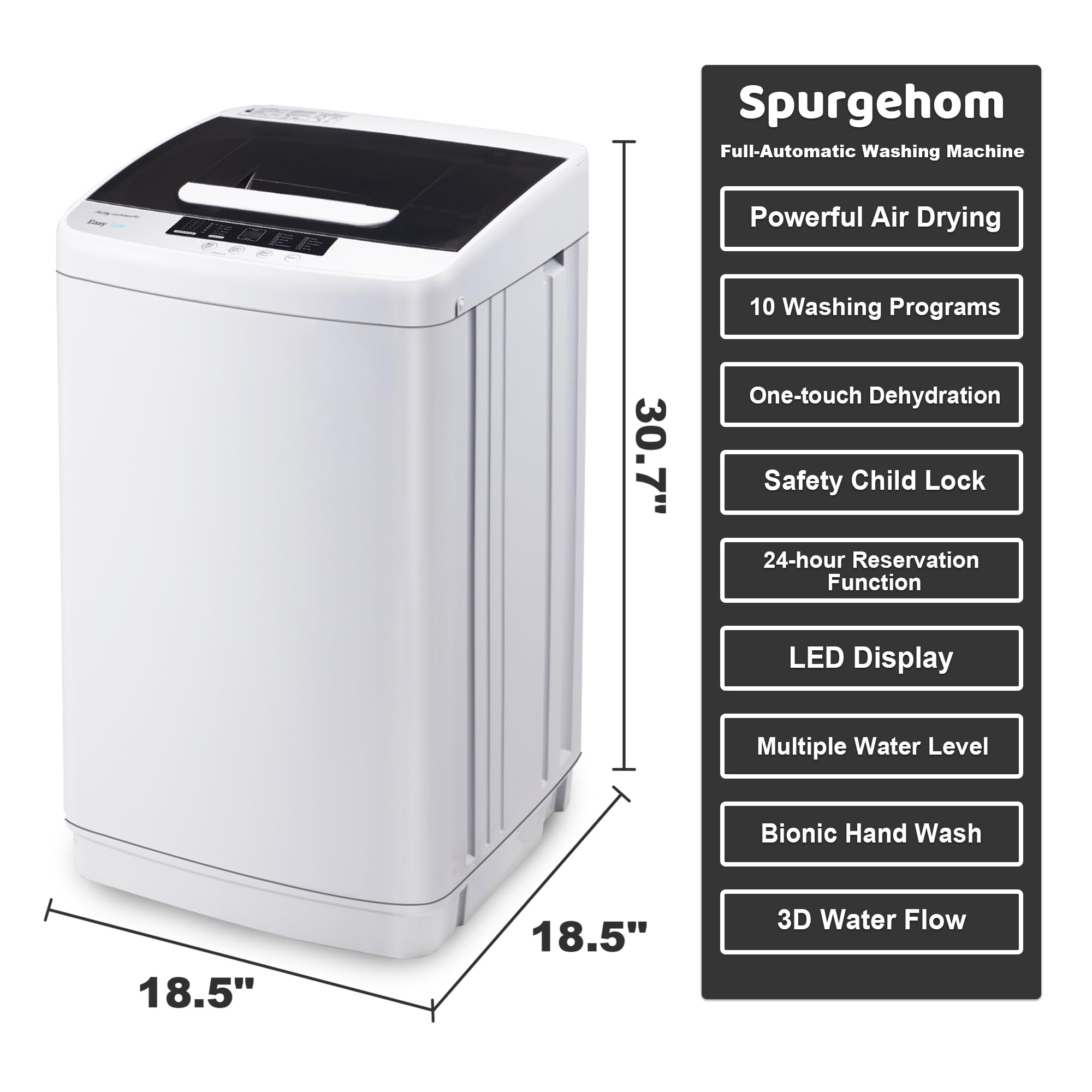 Spurgehom 15.6 lbs Portable Washing Machine with Dryer Combo - Full Automatic Compact Washer with Built-in Pump Drain, LED Display, 10 Wash Cycles & 8 Water Levels - Perfect for Apartments, RVs, Camping & Small Spaces Laundry Needs