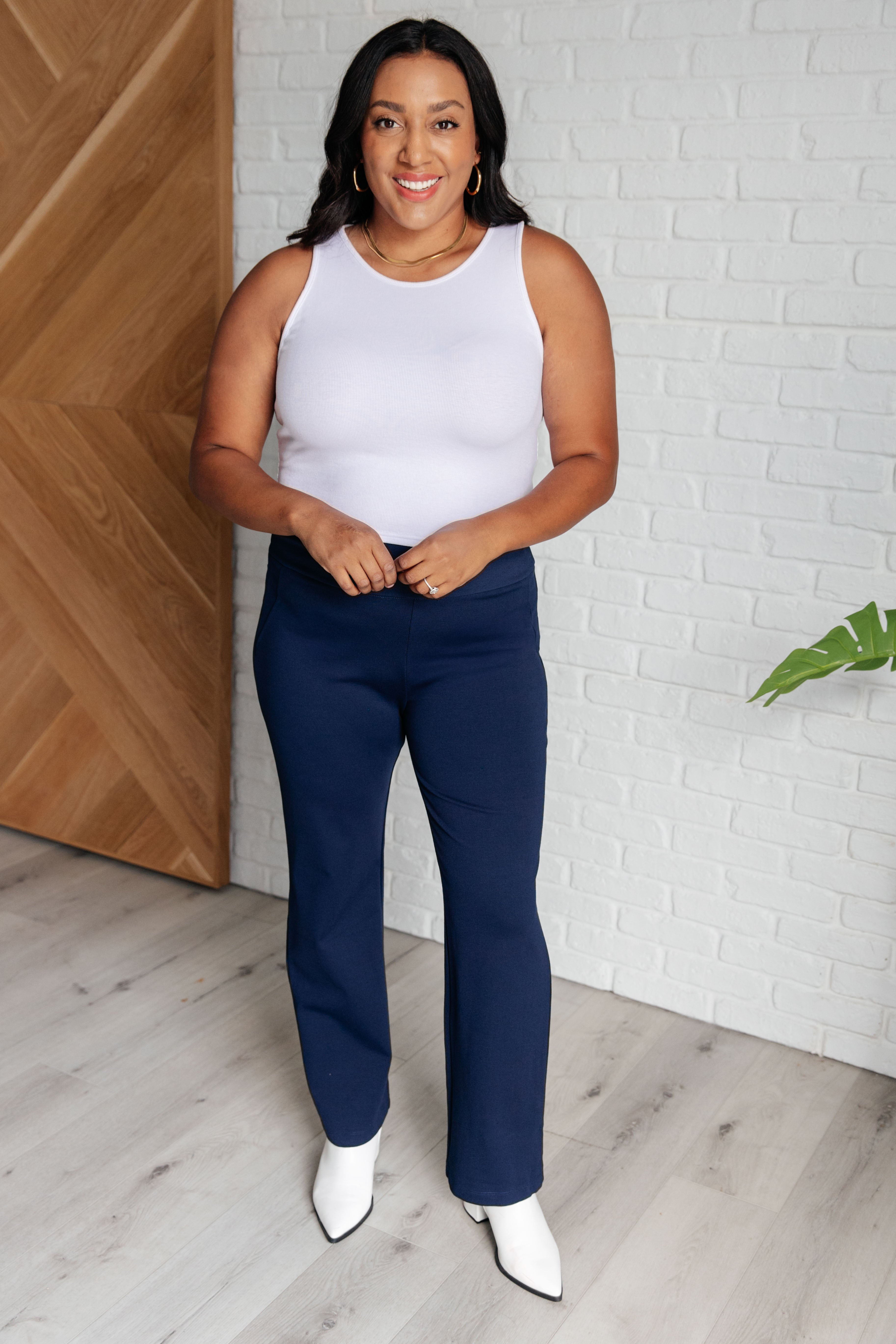 Magic Straight Leg Pants for Women - Navy Blue High Waisted Trousers | Comfortable Office Pants & Casual Wear for Work & Everyday Outfits